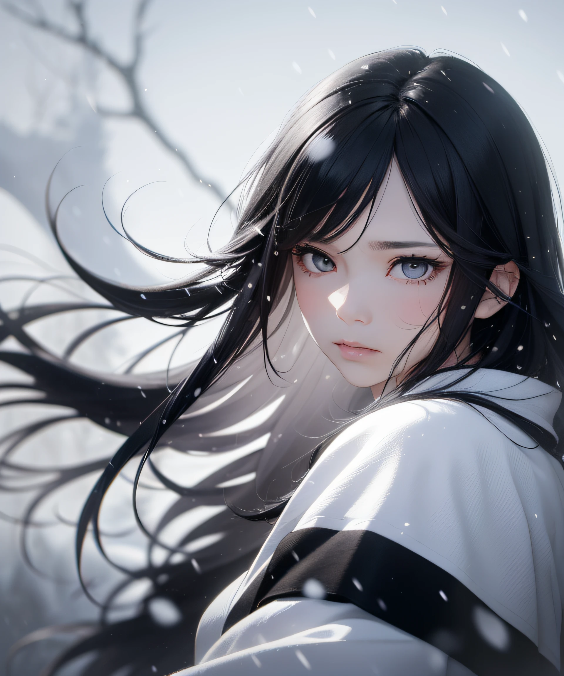 Top Quality, Realistic, Jet Black Background, High Resolution, Soft Focus, (Snowfall: 1.5), (Haze: 1.5), (In the Deep Forest), (Falling Snow), (Snowfield), (Field), ((Moonlight)), (Blowing Snow)))), (Snowstorm)))), Jet Black Night, (The ghost of a beautiful snow woman with jet-black long black hair in a white silver yukata), Anger, Fury, Melancholy, Shaking black hair, Glossy, Shining skin, Beautiful and beautiful, bewitching, chaotic, depth of field, ghost, losing yourself in anger and forgetting the cold, thrusting your arms forward, arms forward like Kyonshi, monochrome, black and white, platinum eyes glaring at you, only white skin glossy in a black and white world