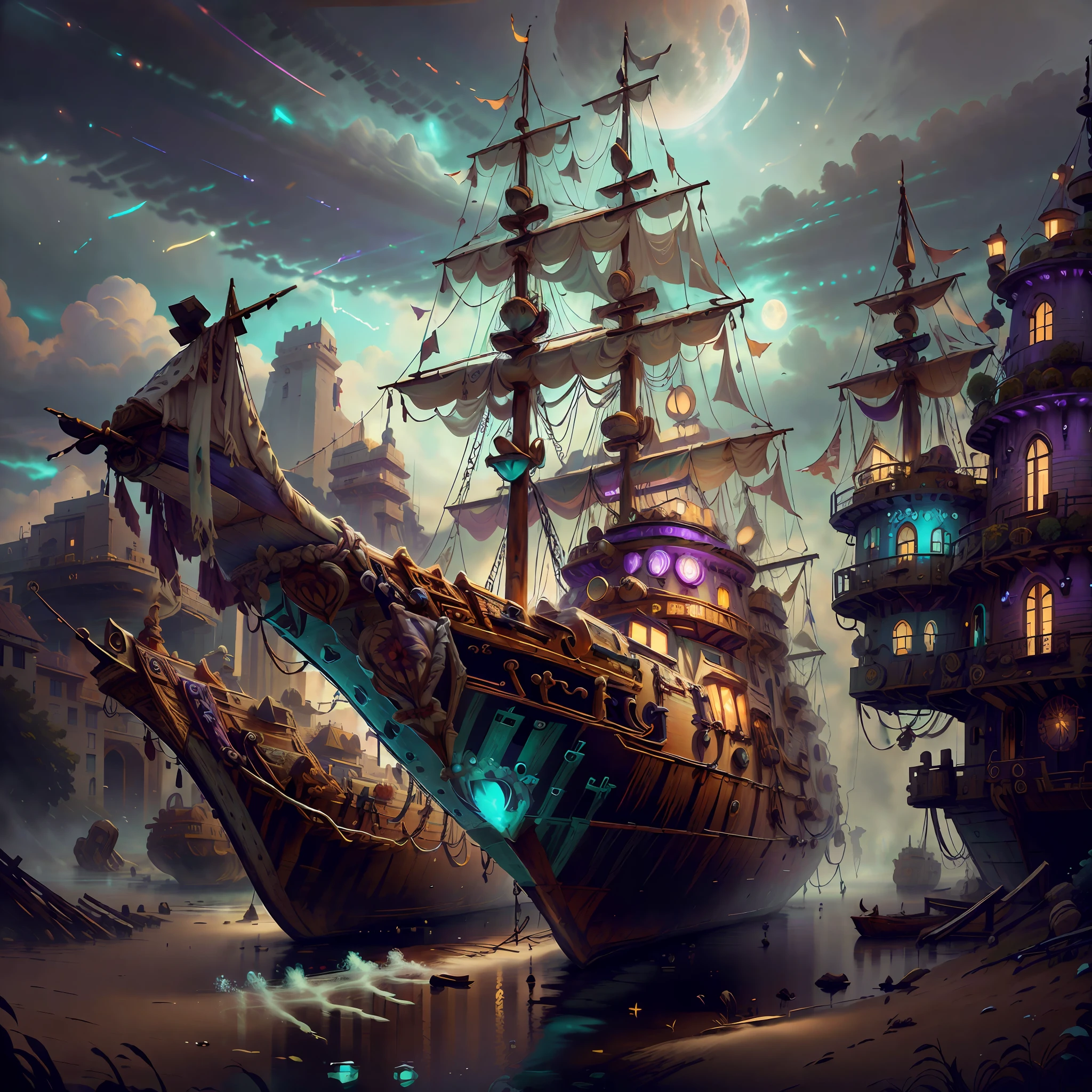 Computer visualized graphics, realistic fantasy, Extensive landscape ultrasound photography (general view, which shows a cemetery of ships, a ship covered with shells, sea moss, a huge wooden sailing ship, with decks, 4 decks, stern, hold, + a lot of sails, + bow, + tank, + stern, + ut + decks) ocean, waves, rocks, mountains, many ships, ocean, war, morning, dawn, full moon, night sky, blurred background, warm, yellow, purple background, morning, warm, magic, "Hyper-realistic textures," "Precise details," "Realistic still life," "Realistic portraits," "Realistic landscapes." realistic photography, "Majestic mountains," "Hyper-realistic textures," Banksy, Liu Bolin, Ansel Adams, Yoshitaka Amano realistic fantasy, Extensive landscape ultra photography, blurred background, cool, shade of turquoise, a bit of purple, airy color, magic, "Hyper-realistic textures," "Precise details," "Realistic still life," "Realistic portraits," "Realistic landscapes." Lit cityscapes,” “Starry skies,” “Moonlit landscapes,” “Night time portraits,” “Long exposures.”“ Lit cityscapes,” “Starry skies,” “Moonlit landscapes,” “Night time portraits,” “Long exposures.”