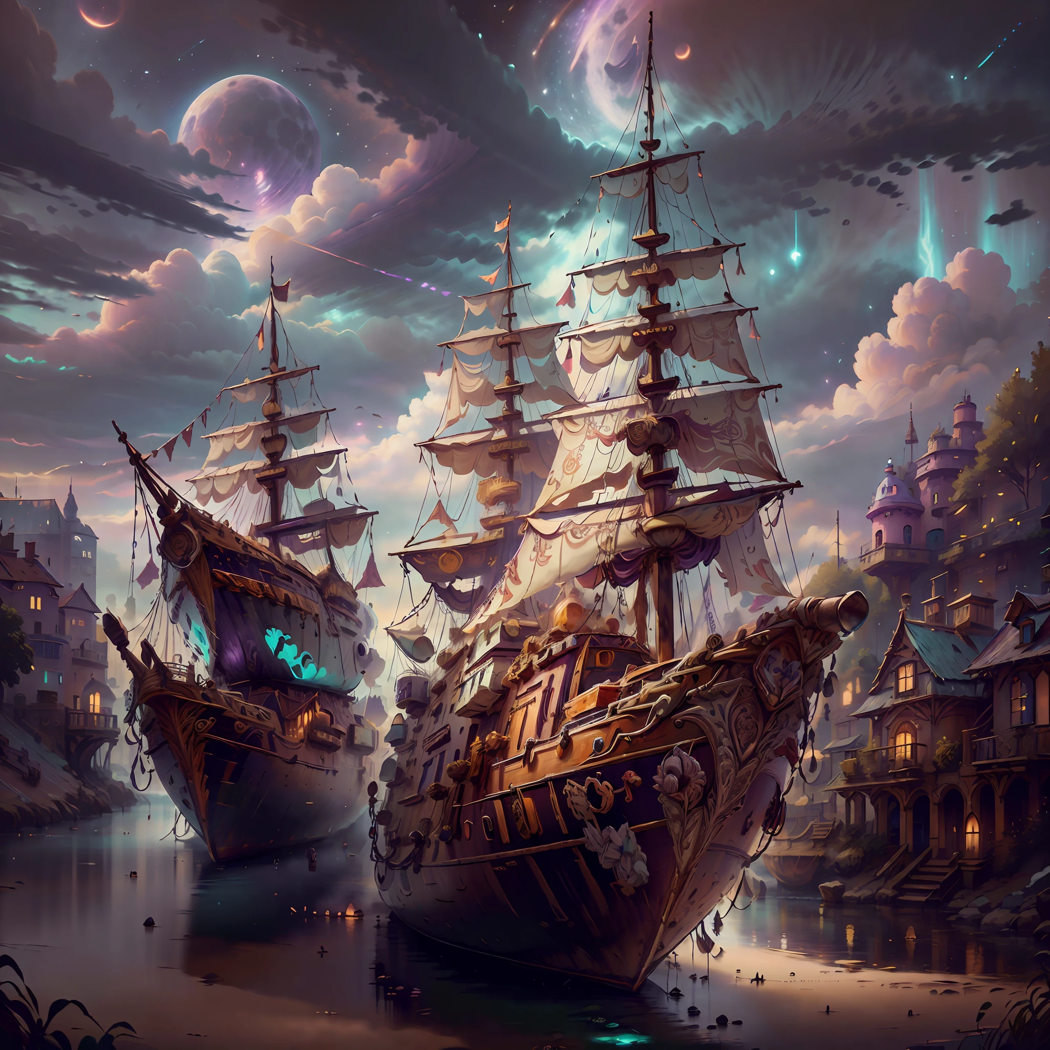 Computer visualized graphics, realistic fantasy, Extensive landscape ultra photography (general view, which shows a huge wooden sailing ship, with decks + 4, stern, hold, + sails + 4, + bow, + forecast, + stern, + cabins + decks), rocks, mountains, many ships, ocean, morning, dawn, full moon, night sky, blurred background, warm, yellow, purple background, pink, warm, magic, "Hyper-realistic textures," "Precise details," "Realistic still life, " "Realistic portraits," "Realistic landscapes.", "Majestic mountains,", "Hyper-realistic textures," Banksy, Liu Bolin, Ansel Adams, Yoshitaka Amano realistic fantasy, Extensive landscape ultra photography, blurred background, cool, hue turquoise, a bit purple, airy color, magic, "Hyper-realistic textures," "Precise details," "Realistic still life," "Realistic portraits," "Realistic landscapes."" Lit cityscapes,” “Starry skies,” “Moonlit landscapes,” “Night time portraits,” “Long exposures.”