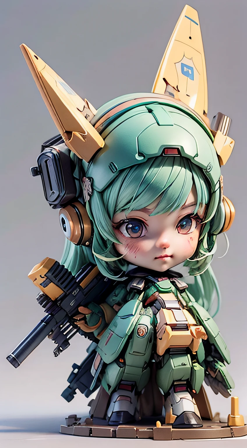 There is a mini Gundam mech, cute, 3d rendering, little robot, portrait female anime, cute 3d anime rendering, cute detailed digital art, mini cute mech, 3d rendering stylized, 3d rendered character art 8k, cute digital painting, anime style 3d, super detailed rendering, weapon in hand, delicate face,