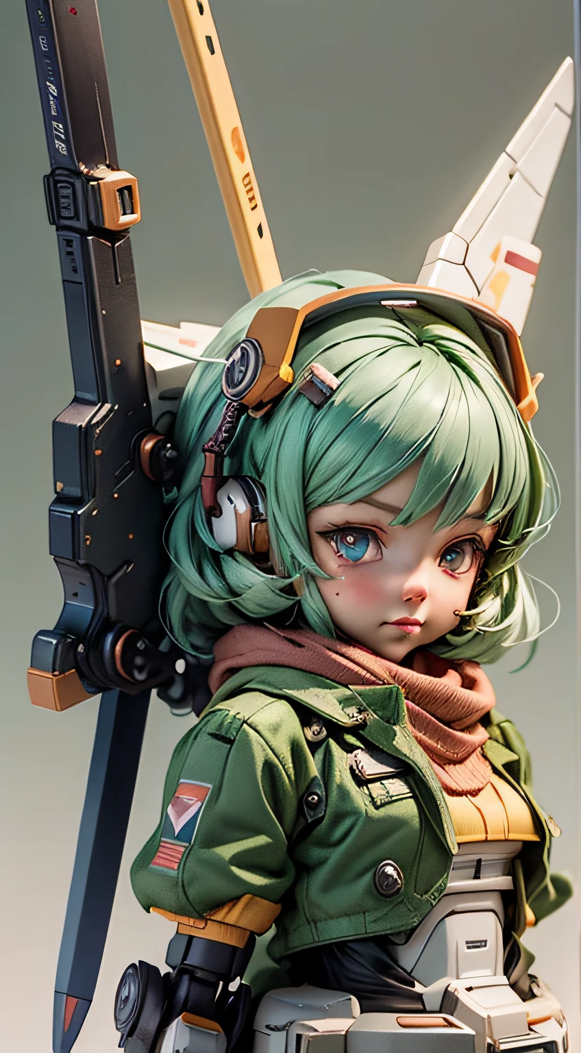 There is a mini Gundam mech, cute, 3d rendering, little robot, portrait female anime, cute 3d anime rendering, cute detailed digital art, mini cute mech, 3d rendering stylized, 3d rendered character art 8k, cute digital painting, anime style 3d, super detailed rendering, weapon in hand, delicate face,