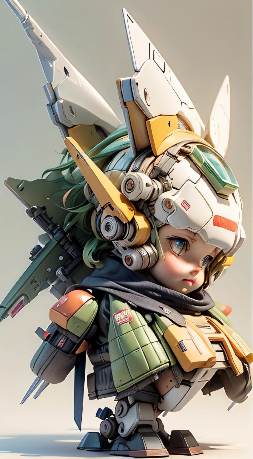 There is a mini Gundam mech, cute, 3d rendering, little robot, portrait female anime, cute 3d anime rendering, cute detailed digital art, mini cute mech, 3d rendering stylized, 3d rendered character art 8k, cute digital painting, anime style 3d, super detailed rendering, weapon in hand, delicate face,