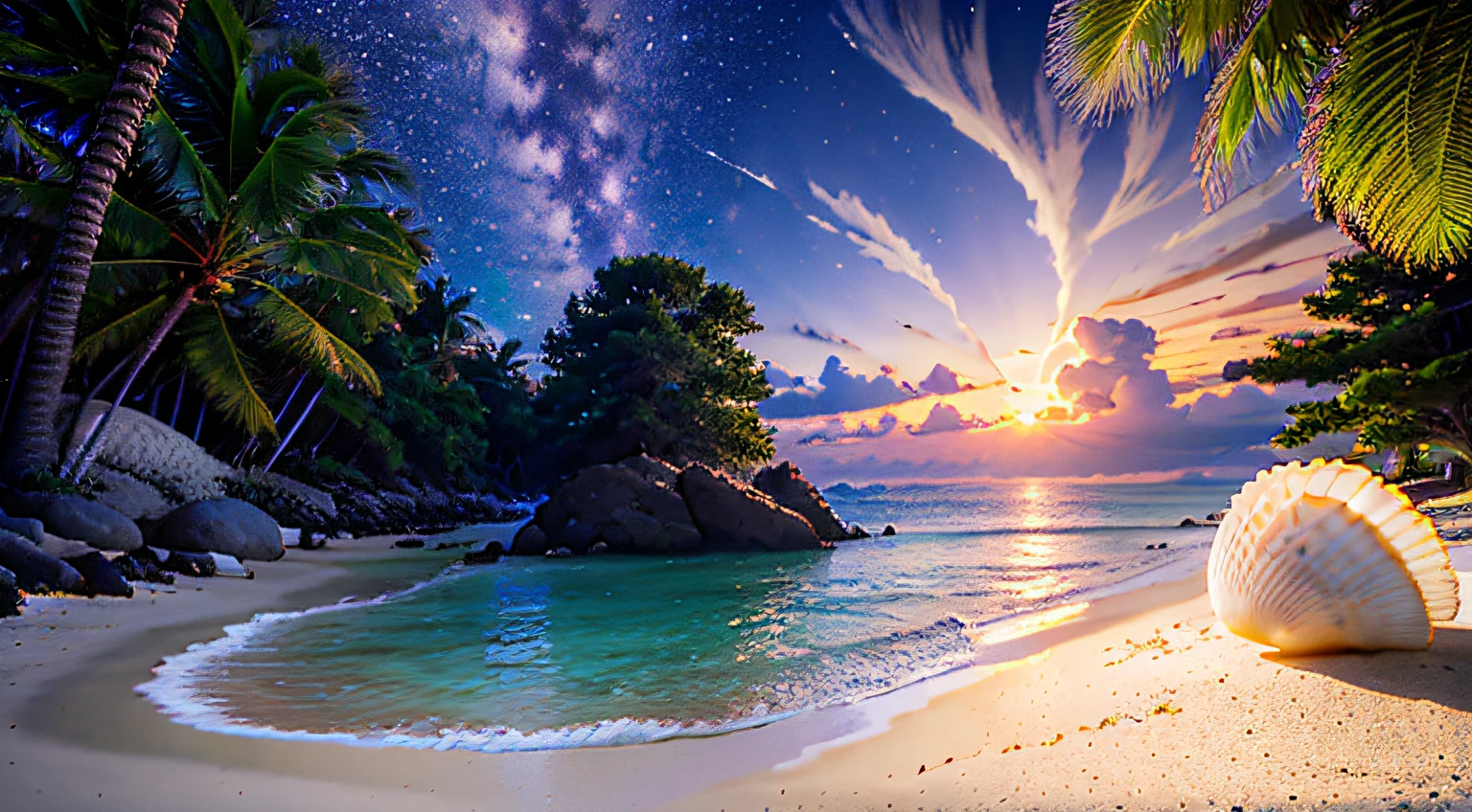 CG rendering of many beautiful pale pink large shells and pale colored conchs on the beach with rings of shimmering rosettes crystal clear as glass. Transparent colorsColorful stones, transparent, glittering, moonlight illuminates pure white beach, blue sea, pearls, super detail, fireflies, light effects, fairyland romance: Thomas Kinkade, Krenz, CGSOCIETY Trend, soft light, ultra wide angle, distant view, fairy tale, fantasy, 8K HD wallpaper: 1 piece, supersaturated, people, signature, blur, depth of field HD 16k
Negative Prompt