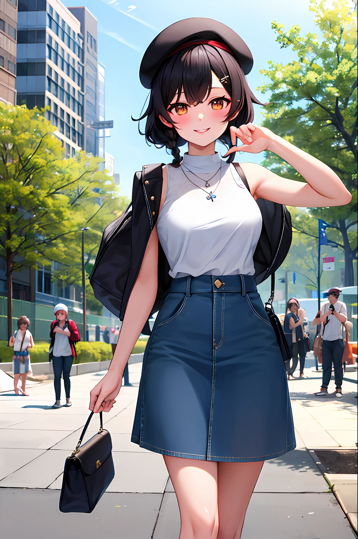 masterpiece, best quality, high, miosha1, hairpin, side braid, ponytail, hat, berets, wolf tail, breasts, high waist skirt, blue skirt, white shirt, necklace, sleeveless shirt, denim lens, stand, outdoors, looking at the audience, smiling, blushing, shoulder bag