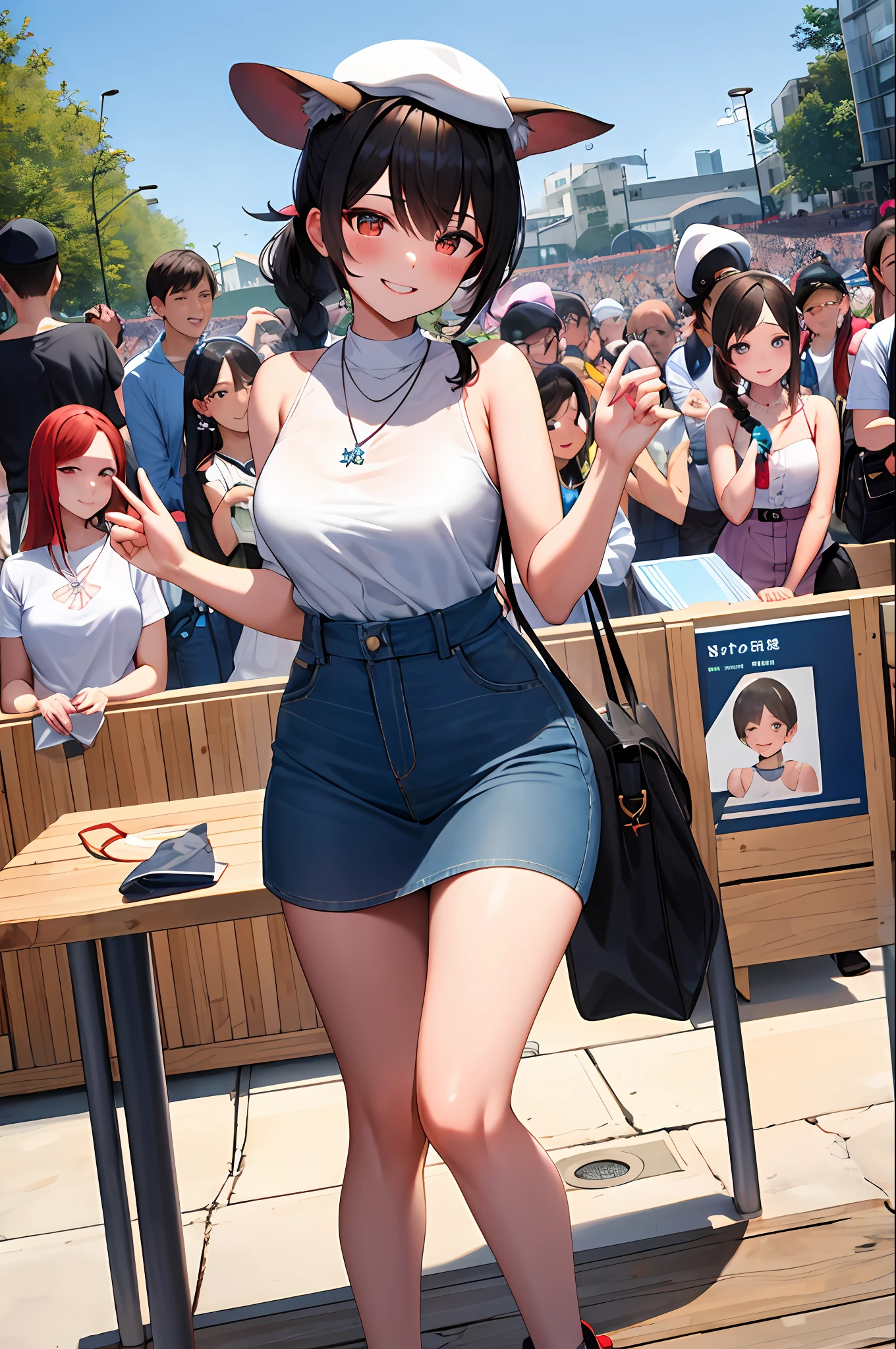 masterpiece, best quality, high, miosha1, hairpin, side braid, ponytail, hat, berets, wolf tail, breasts, high waist skirt, blue skirt, white shirt, necklace, sleeveless shirt, denim lens, stand, outdoors, looking at the audience, smiling, blushing, shoulder bag