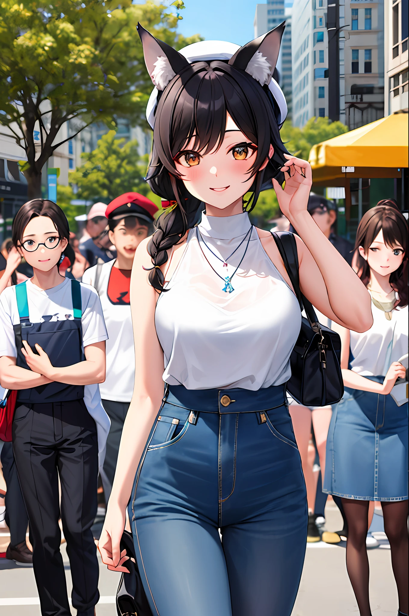 masterpiece, best quality, high, miosha1, hairpin, side braid, ponytail, hat, berets, wolf tail, breasts, high waist skirt, blue skirt, white shirt, necklace, sleeveless shirt, denim lens, stand, outdoors, looking at the audience, smiling, blushing, shoulder bag