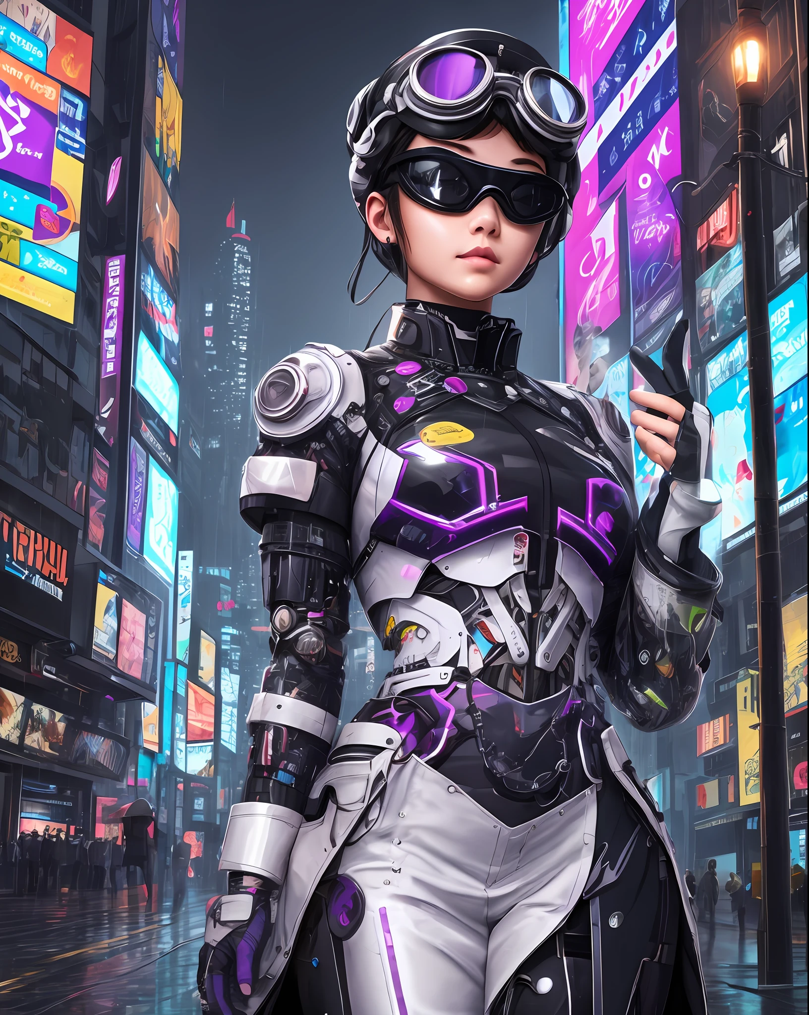 Beautiful female cyborg, goggles, white helmet, heavy make-up with purple and black tones, she is wears a short outfit inspired on André Courreges designs, vynil overcoat. She is walking a modern cyberpunk city with giant buildings with façades made of luminous screens, forming waving patterns. Signs with Latin and Chinese letters. Rainy foggy night. Realistic raytracing. --auto --s2