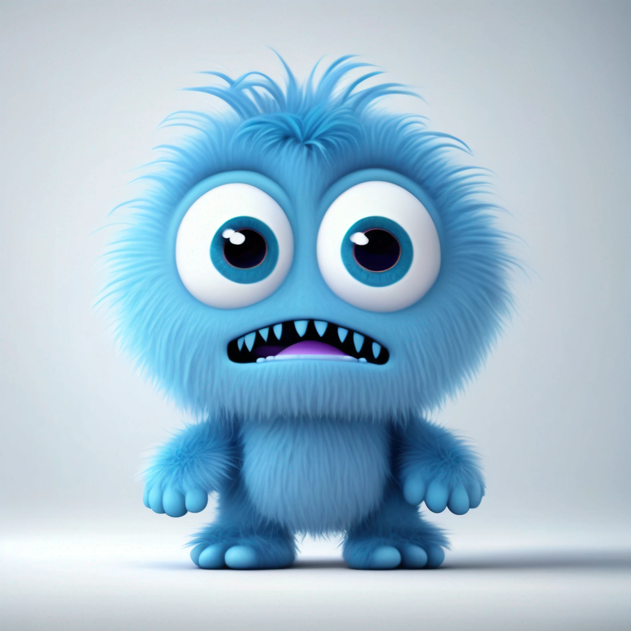 Blue furry monster with two large eyes and a big nose on white background, cute, first day of school, photo shooting, pixar animation