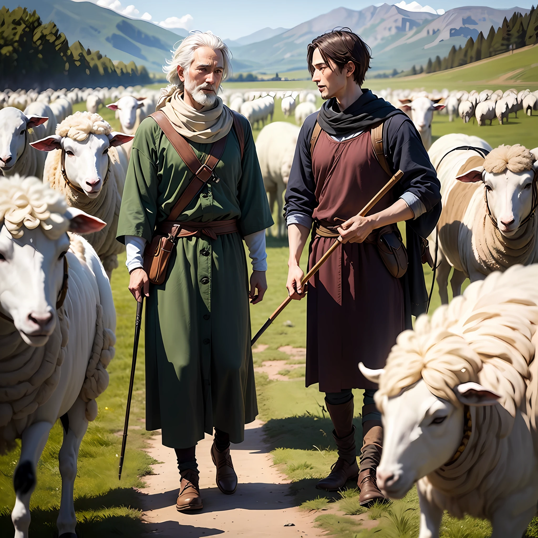 在好的Diffusion生成中:
"1 King David, biblical character, authentic features, sheepherder's clothing, young, staff in hand, scenery with green fields, sheep grazing around, cheerful atmosphere."