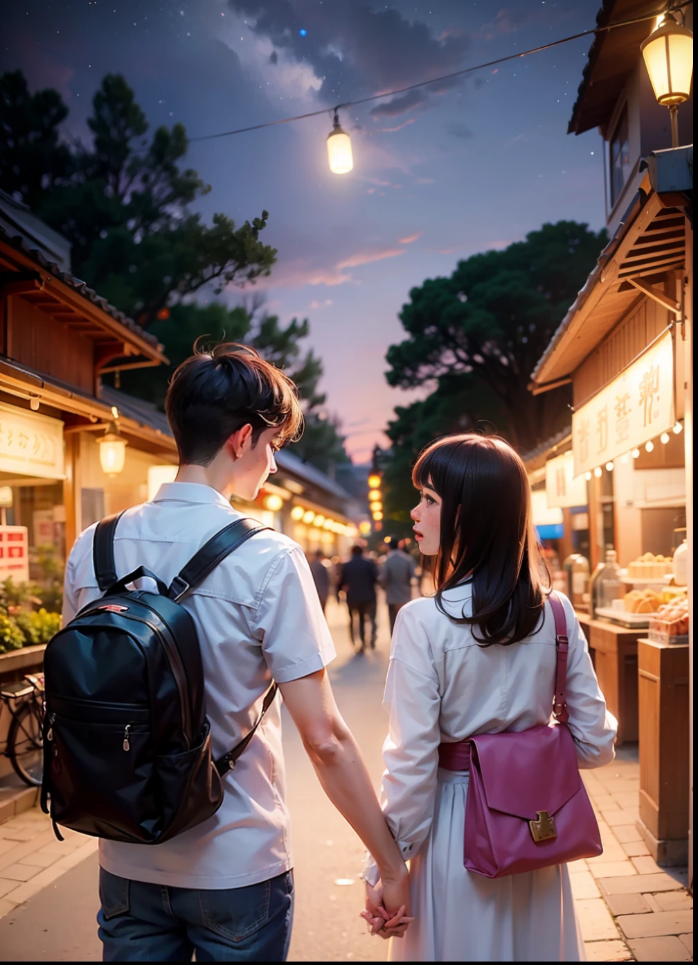 masterpiece, best quality, ultra-detailed, illustration, omatsuri, food stand, beautiful eyes, looking at viewer, from behind, back shot, yukata, tree, outdoors,road, walking, crowd, night, lantern, festival, food, pavement, crosswalk, paper lantern, lamppost, night sky,(((a boy and a beautiful girl in their twenties))), in love, romance