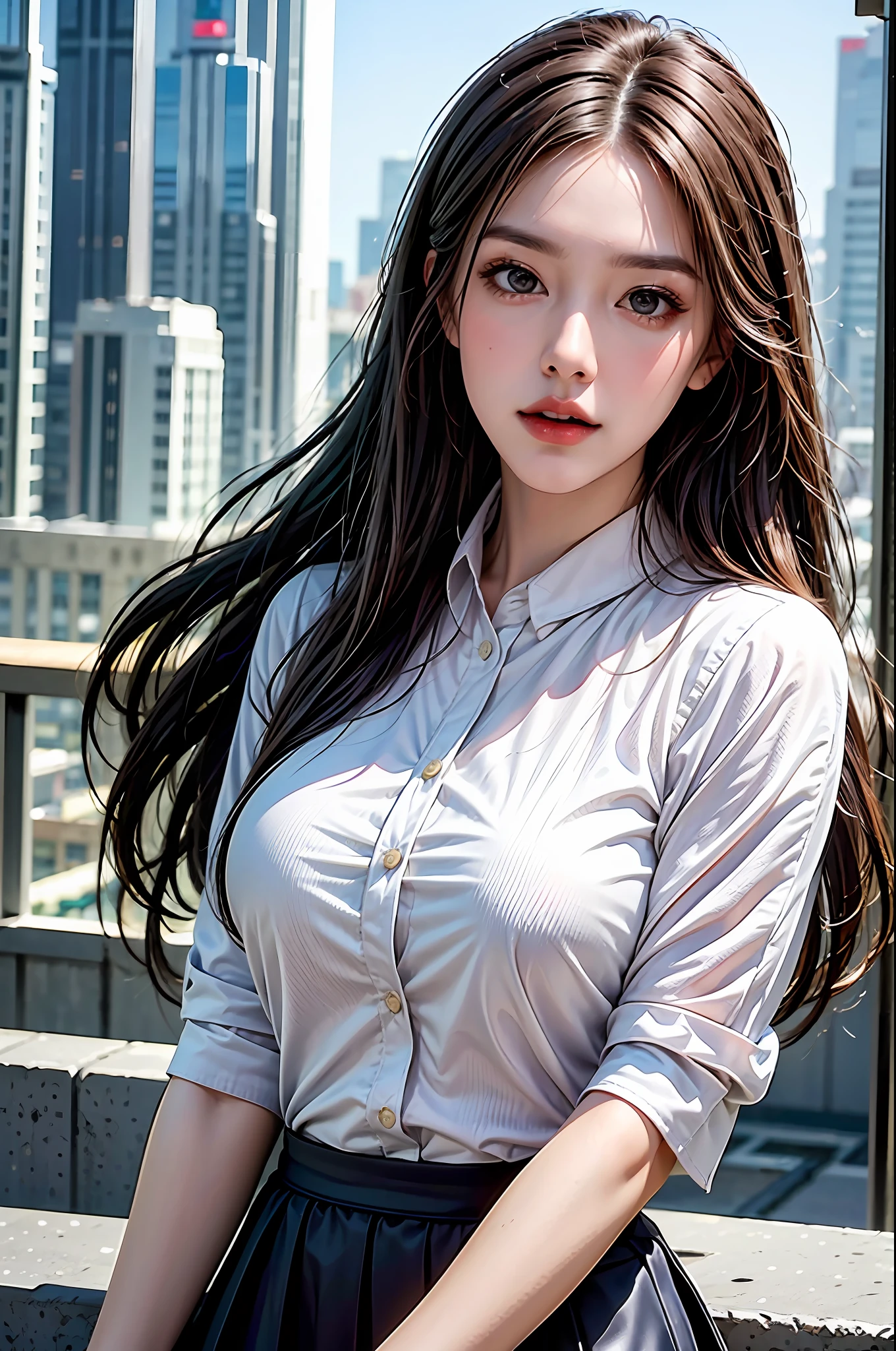 Best Quality, Masterpiece, Ultra High Resolution, (Photorealistic: 1.4), cityscape backdrop, rooftop or high-rise balcony, dynamic composition, engaging pose, soft yet striking lighting, shallow depth of field, bokeh from city lights, 1 girl, detailed face, solo, high collar shirt, skirt