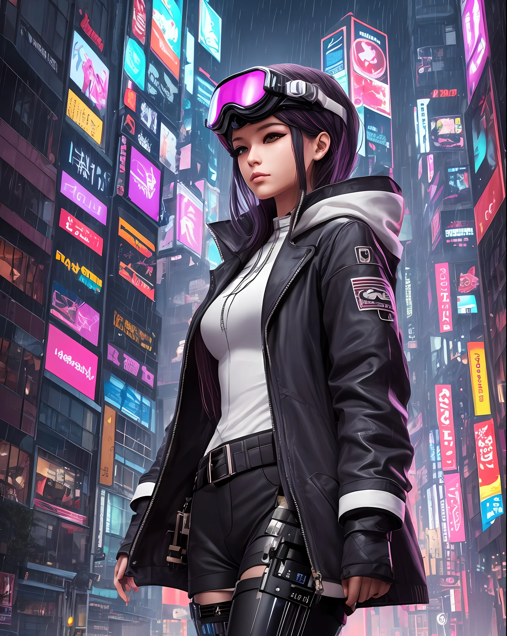 Beautiful female cyborg, goggles, white helmet, heavy make-up with purple and black tones, she is wears a short outfit  inspired on André Courreges designs, vynil overcoat. She is walking a modern cyberpunk city with giant buildings with façades made of luminous screens, forming waving patterns. Signs with Latin and Chinese letters. Rainy foggy night. Realistic raytracing. --auto --s2