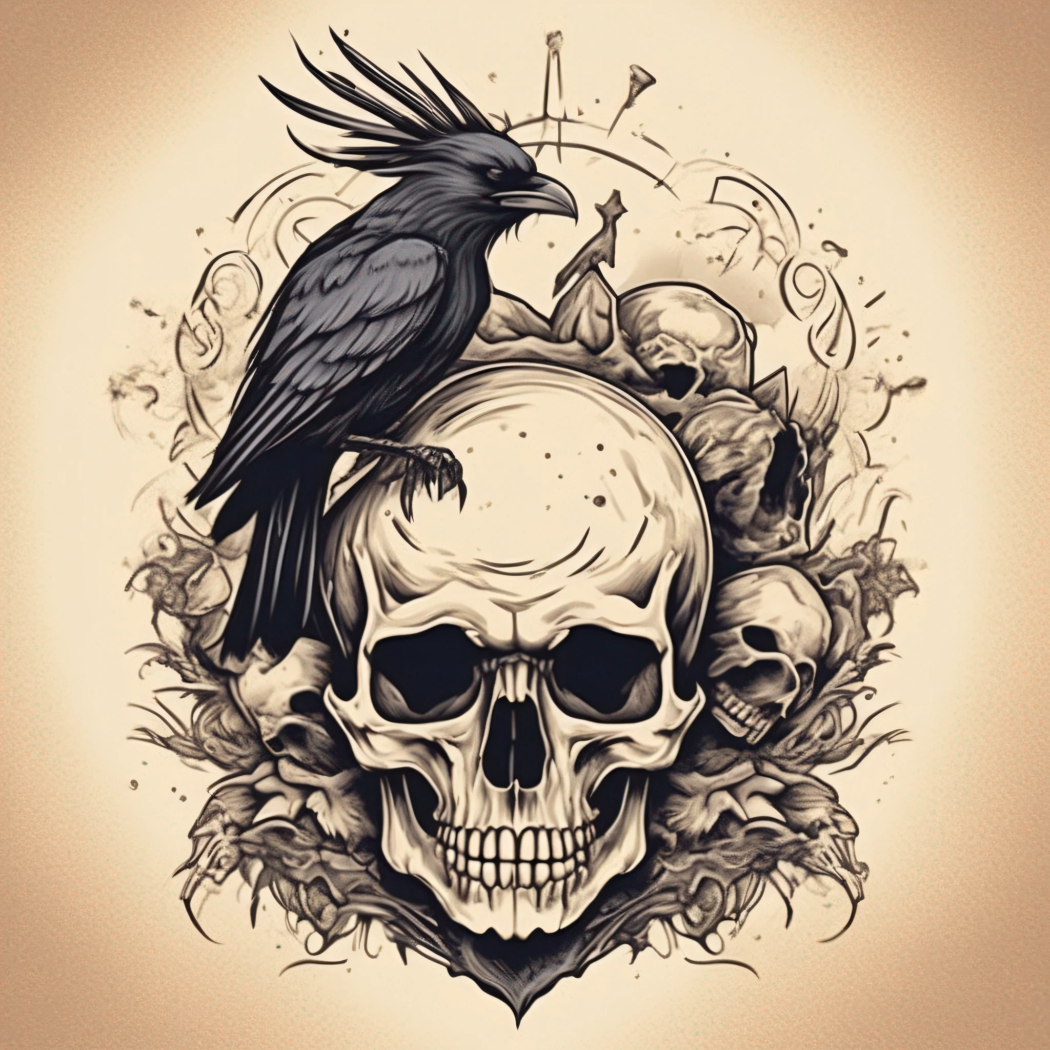 T-shirt design, a crow on top of a skull, tattoo style