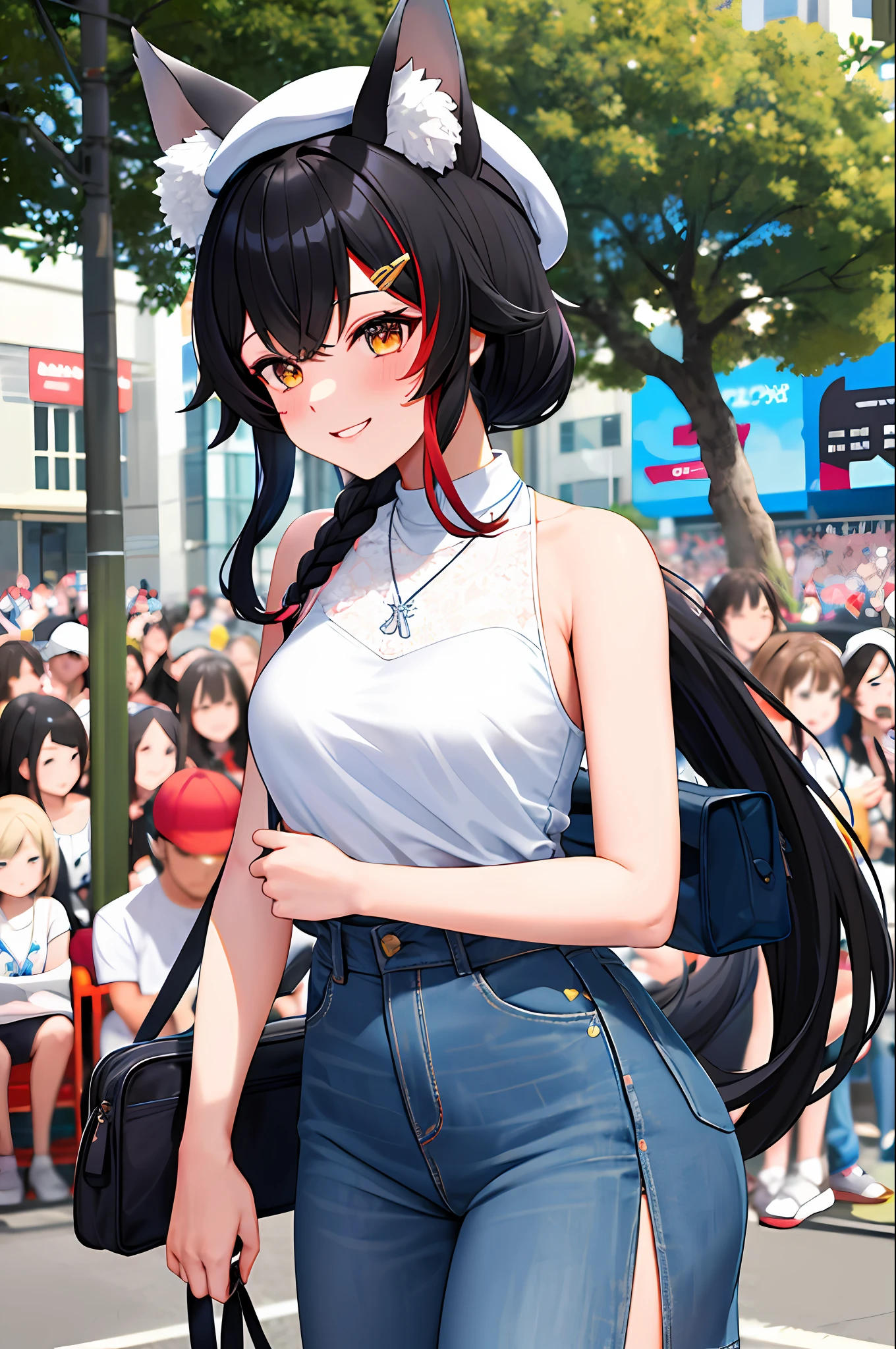 masterpiece, best quality, high, miosha1, hairpin, side braid, ponytail, hat, berets, wolf tail, breasts, high waist skirt, blue skirt, white shirt, necklace, sleeveless shirt, denim lens, stand, outdoors, looking at the audience, smiling, blushing, shoulder bag