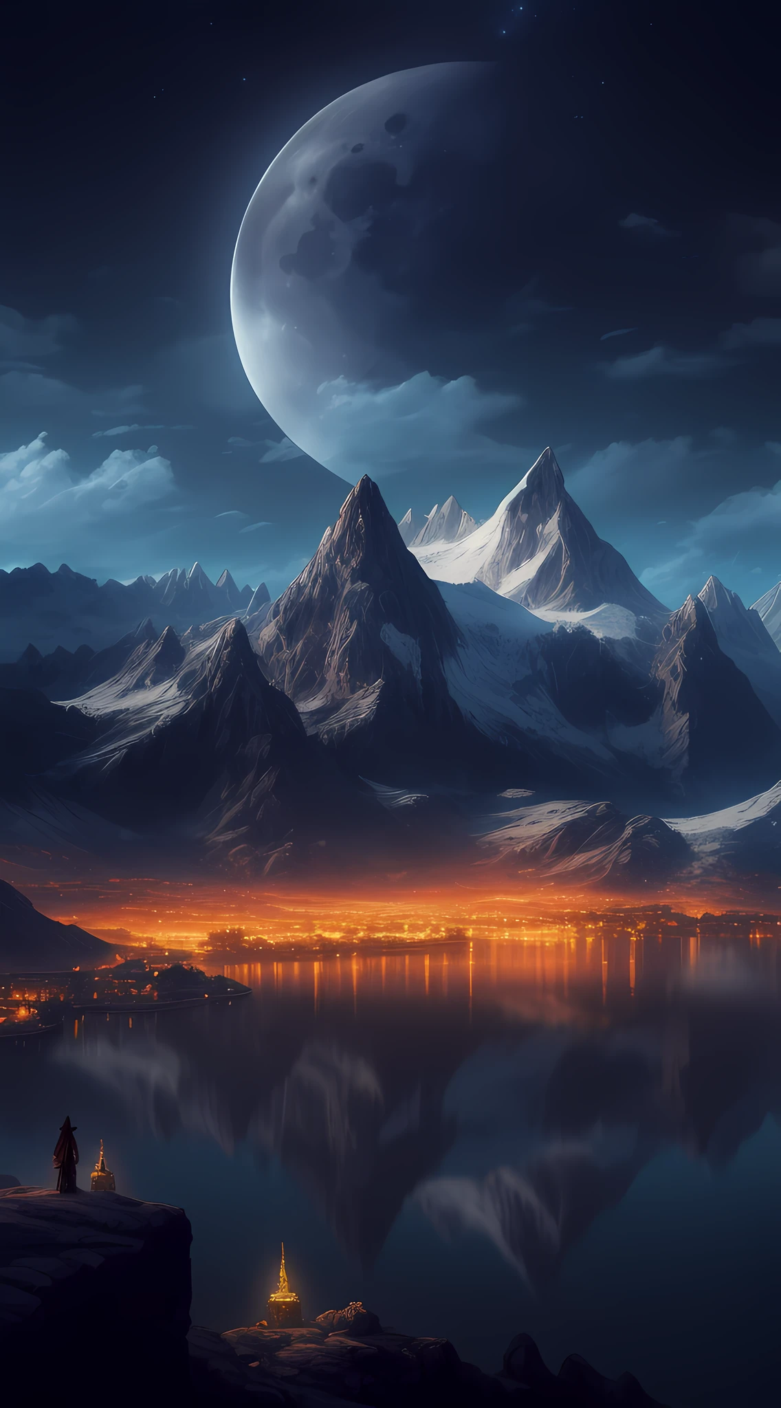 mountains and a lake with a moon in the sky, 4k highly detailed digital art, 4 k hd wallpaper very detailed, impressive fantasy landscape, sci-fi fantasy desktop wallpaper, unreal engine 4k wallpaper, 4k detailed digital art, sci-fi fantasy wallpaper, epic dreamlike fantasy landscape, 4k hd matte digital painting, 8k hd wallpaper digital art