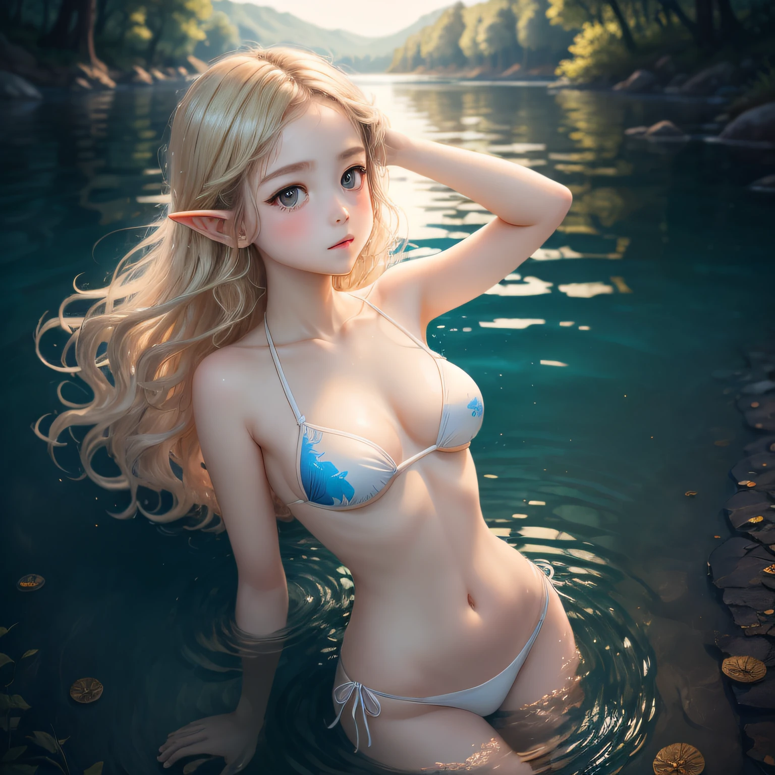 Masterpiece, One Girl, Top Quality, Very Delicate and Beautiful, Very Detailed, Best Rendition, ((8K High Quality Detail Pictorial Art)), ((Pictorial Art)), Mystical, Elf, Mythological Painting,

simple bikini,

Child, in the center of the lake, splashing, bare navel, bare shoulders, lying on your back, floating on the surface of the water, white light, beautiful water print, blue clear lake, full body shooting, luminescent lake surface, arms outstretched, glowing fireflies,

12 years old, light, smooth skin, small breasts, slender, (((white skin)), colorful lips, super delicate hair, clear eyes, small buttocks, long hair, petite, super cute, short stature, transparent hair, thin blonde, round eyes, --auto