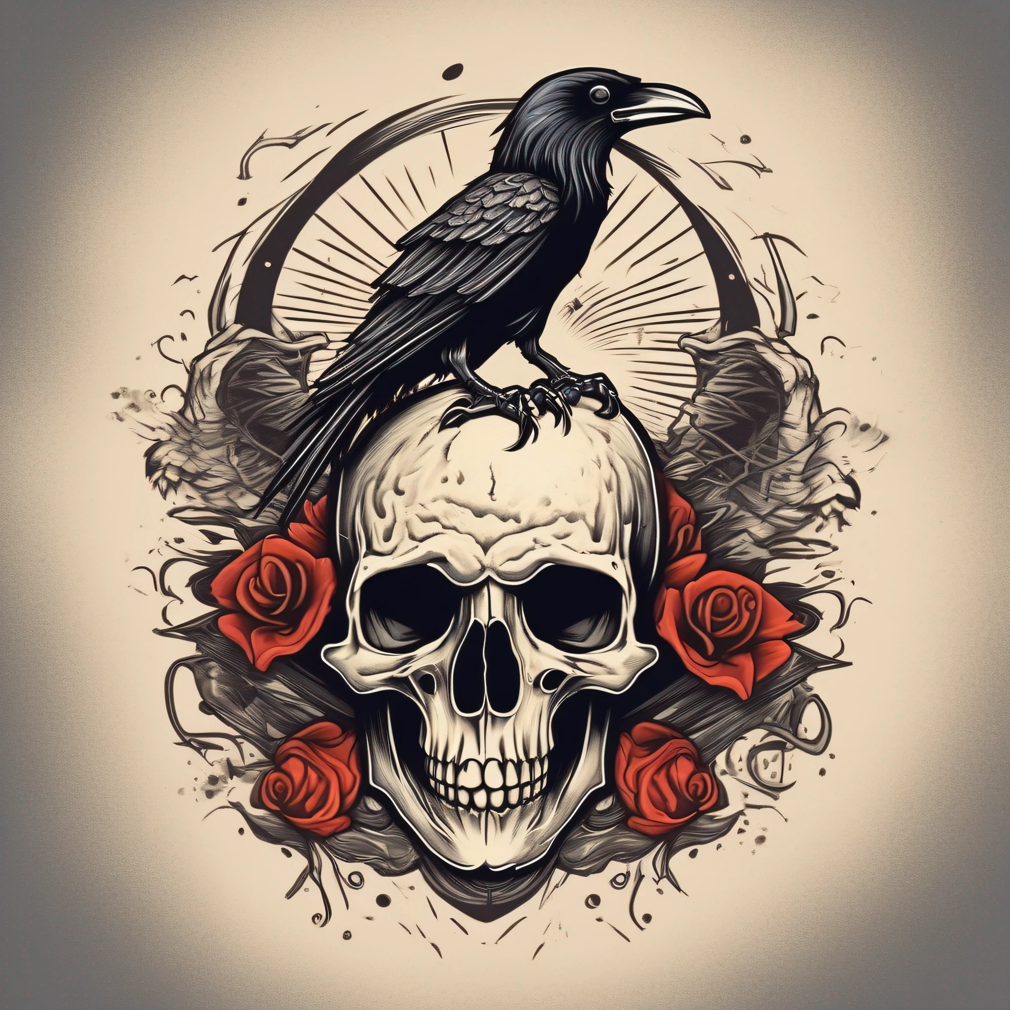 T-shirt design, a crow on top of a skull, tattoo style