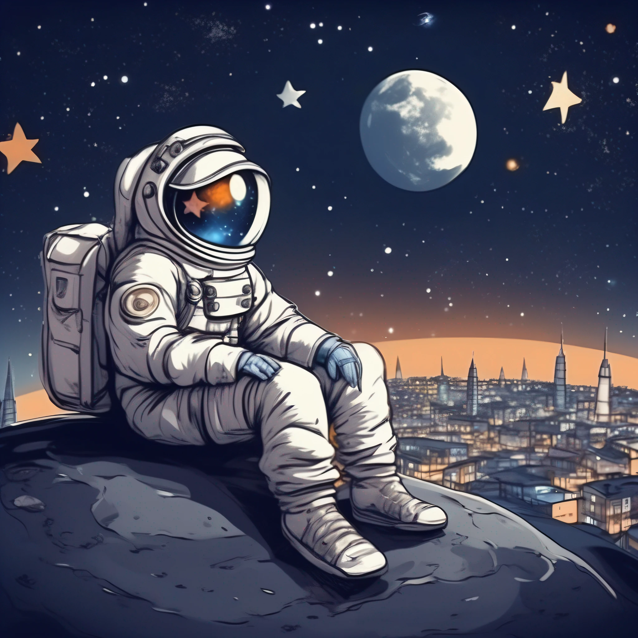 An astronaut sitting on the moon, friendly town background, stars, beautiful