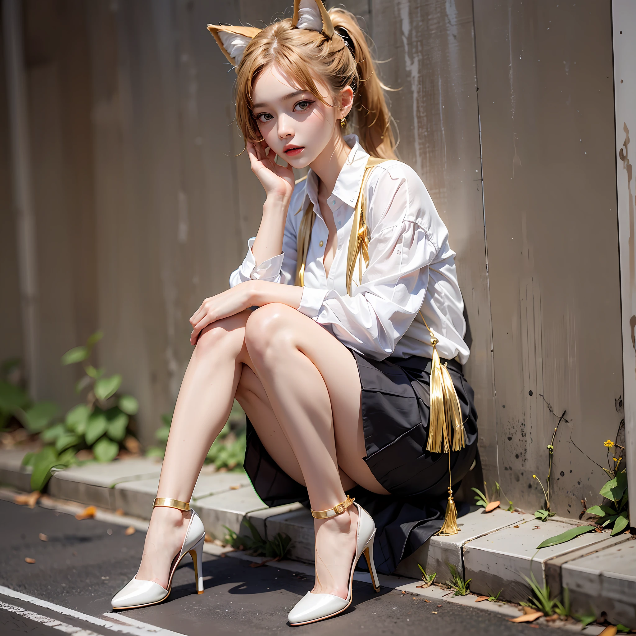 A pure girl, fox ears, suit, tennis skirt, golden high ponytail, light, eyes looking ahead, outdoor, leaning against the wall, casual elegant posture, sexy, show beauty, white high heels, tassels,