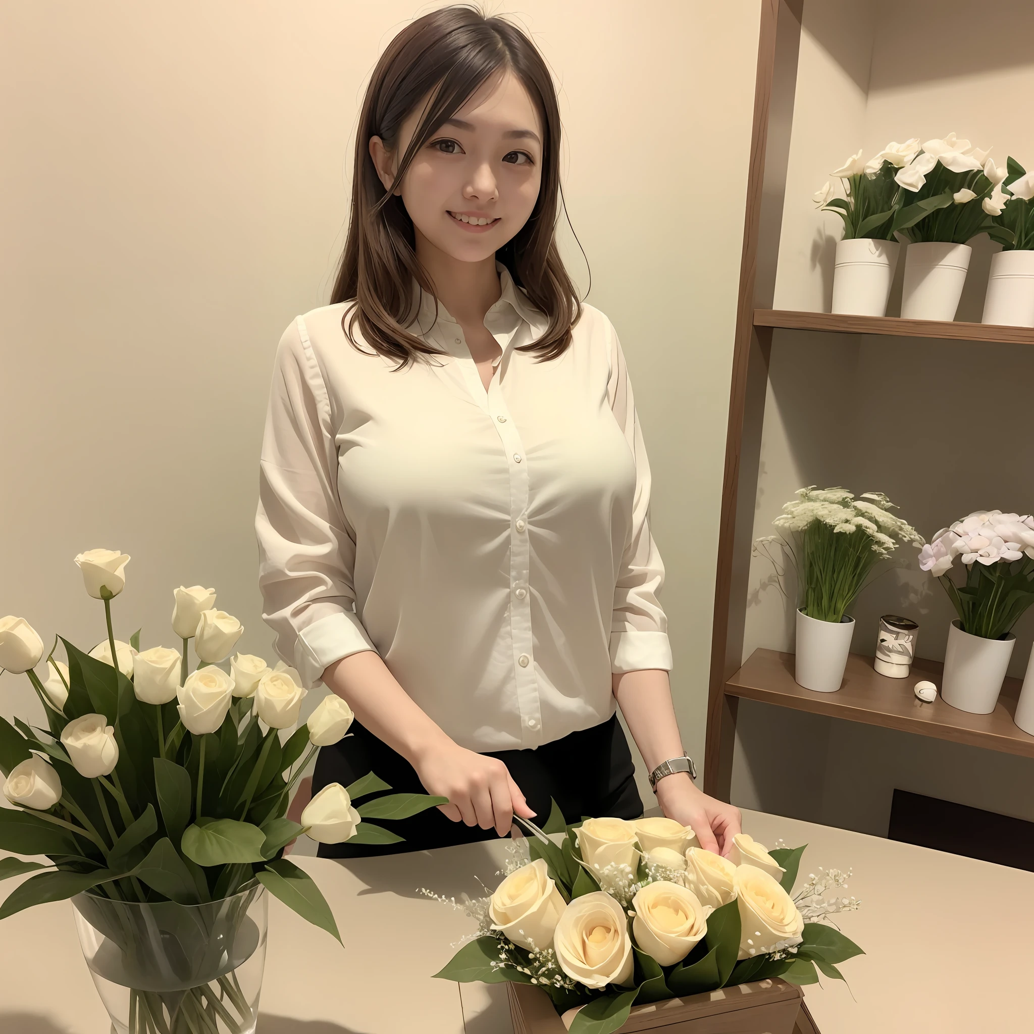 Japan woman, 24 years old, beautiful eyes, long lashes, neat, dainty, white blouse, florist clerk, smile, cute, stylish florist, big breasts, brown hair