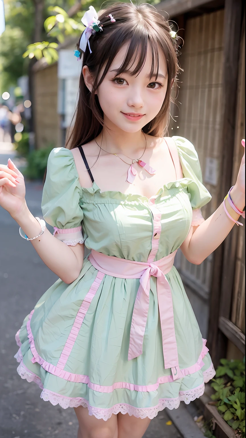 (Top Quality, 8k, 32k, Masterpiece, UHD: 1.2), 1 Girl, Beautiful Japan Woman, Thin Waist, High School Student, Standing Figure, (Girly Fashion), (Pastel Colors, Ruffled Clothes, Clothes with Ribbons, Floral Dresses, Blouse with Lace, Socks with Ruffles, Loafer Pumps), Cinematic Light, (Bite Pose: 1.2), (Smile at Whoever You Like),