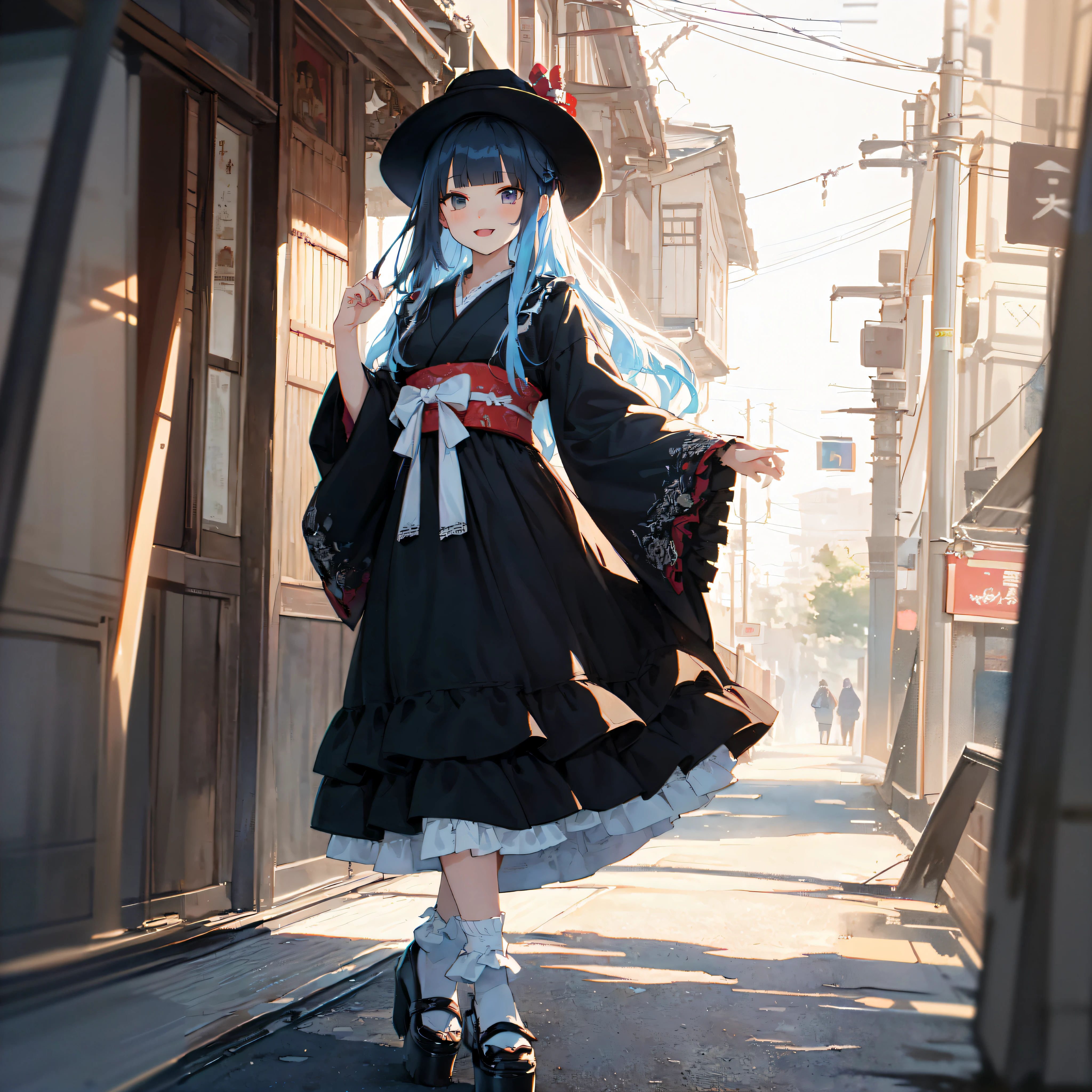 there is a woman in a black dress and hat walking down the street, cute anime waifu in a nice dress, anime girl wearing a black dress, dressed with long fluent clothes, flowing hair and long robes, guweiz on pixiv artstation, anime style 4 k, trending on artstation pixiv, flowing magical robe, anime girl with long hair