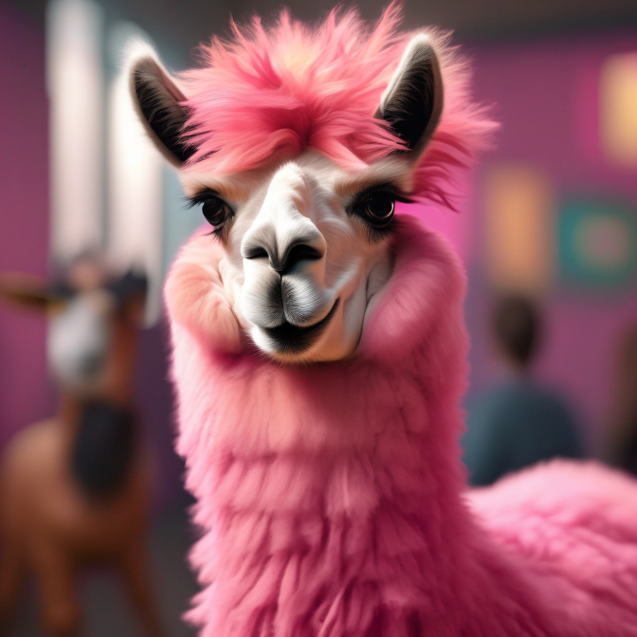Pink llama with a fuzzy hairdo, positive energy, happy, octane, substance, art history museum 8k