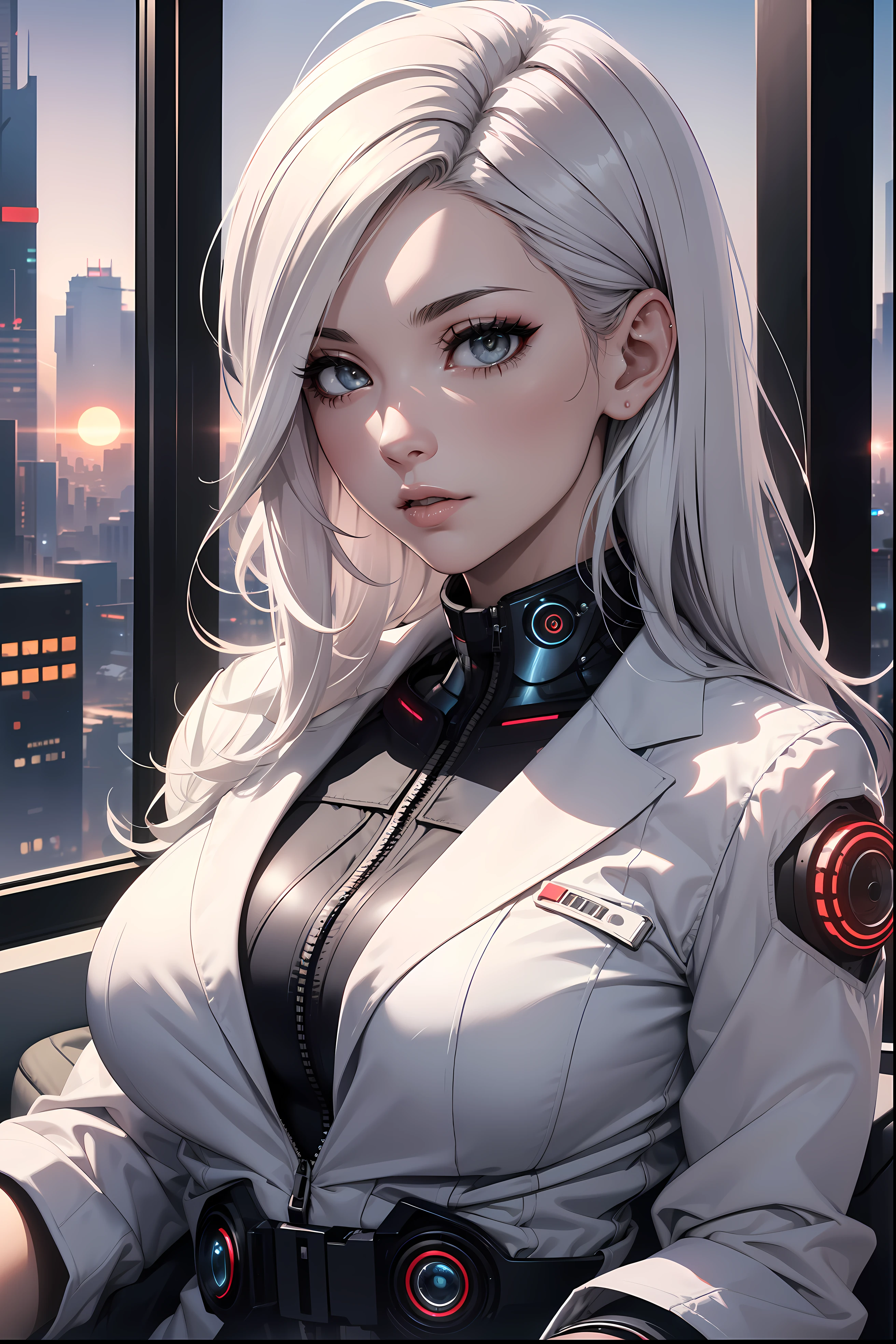 (masterpiece:1.3), (8k, photorealistic, RAW photo, best quality: 1.4), (1girl), beautiful face, (realistic face), Nice hairstyle,Realistic Eyes,Nice detail eyes,(Realistic Skin),Beautiful Skin,Ridiculous,attractive,Ultra high Resolution,an ultra realistic,RAWExtremely detailed,golden proportions, Woman wearing business outfit, white formal blazer, white blouse, white high waist business skirt, beautiful, masterpiece, best quality, perfect lighting, (white hair:1.4), long hair, (grey eyes:1.2), slender build, thin, medium breasts, business woman, ceo of small arms and aerospace centered mega corporation, sitting in luxurious black office chair, giant modern window with view of dusk cyberpunk city skyline in background, torso shot, dusk, (cyberpunk city background:1.3), (Hazy sky:1.2), (Dim red sun:1.3), eyelashes, dark eyeliner, cyberpunk, older, sleek modern-futuristic office, (white clothes:1.2), (aerospace:1.1)