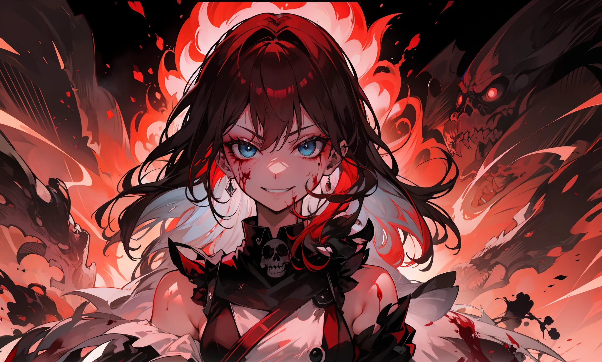 A creepy smile, a twisted smile, a smile, an evil smile, Crazy blue eyes, Blood on the face
