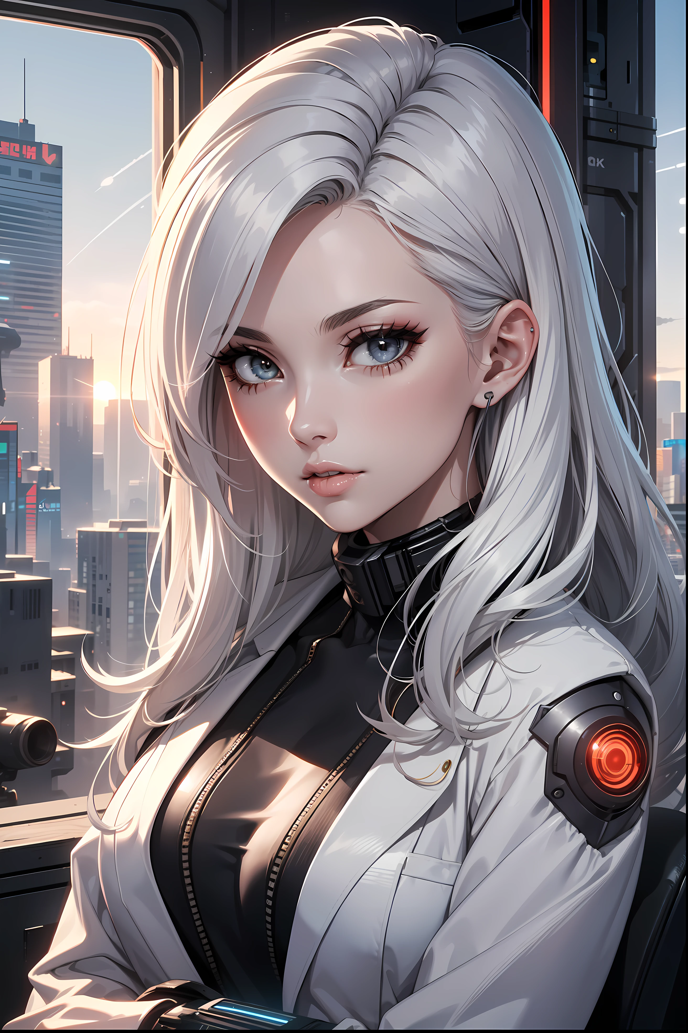 (masterpiece:1.3), (8k, photorealistic, RAW photo, best quality: 1.4), (1girl), beautiful face, (realistic face), Nice hairstyle,Realistic Eyes,Nice detail eyes,(Realistic Skin),Beautiful Skin,Ridiculous,attractive,Ultra high Resolution,an ultra realistic,RAWExtremely detailed,golden proportions, Woman wearing business outfit, white formal blazer, white blouse, white high waist business skirt, beautiful, masterpiece, best quality, perfect lighting, (white hair:1.4), long hair, (grey eyes:1.2), slender build, thin, medium breasts, business woman, ceo of small arms and aerospace centered mega corporation, sitting in luxurious black office chair, giant modern window with view of dusk cyberpunk city skyline in background, torso shot, dusk, (cyberpunk city background:1.3), (Hazy sky:1.2), (Dim red sun:1.3), eyelashes, dark eyeliner, cyberpunk, older, sleek modern-futuristic office, (white clothes:1.2), (aerospace:1.1)