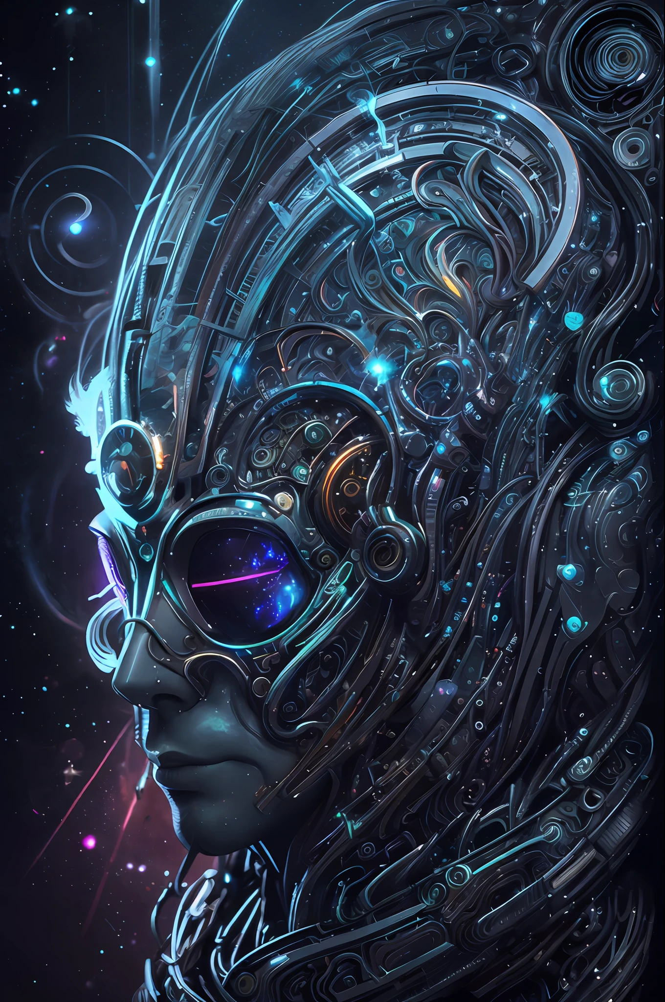 bioluminic [sh4g0d:0.6], helix portal, portrait, [fluorescent hair:0.7], galactic cybernetic mask