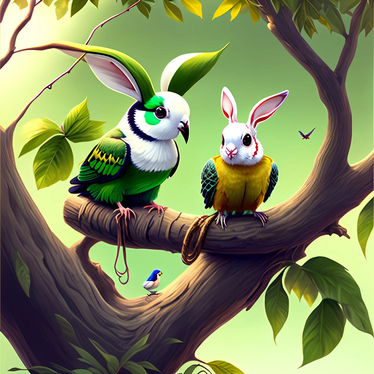 A cute white rabbit and a green parakeet sat on a tree branch and sang together --auto