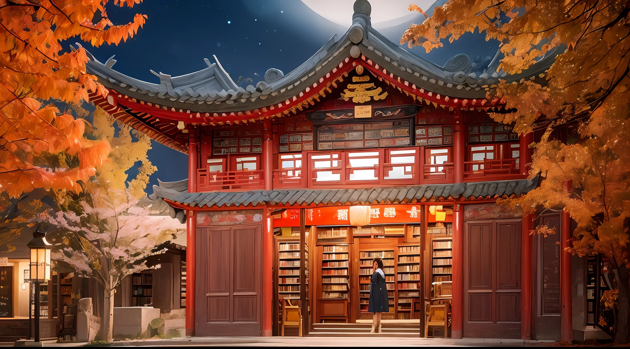 A Chinese style girl, a Chinese style library, antique library, there are many red lights hanging at the door of the library, autumn, night, front photos, photography, movies, HD, 4K