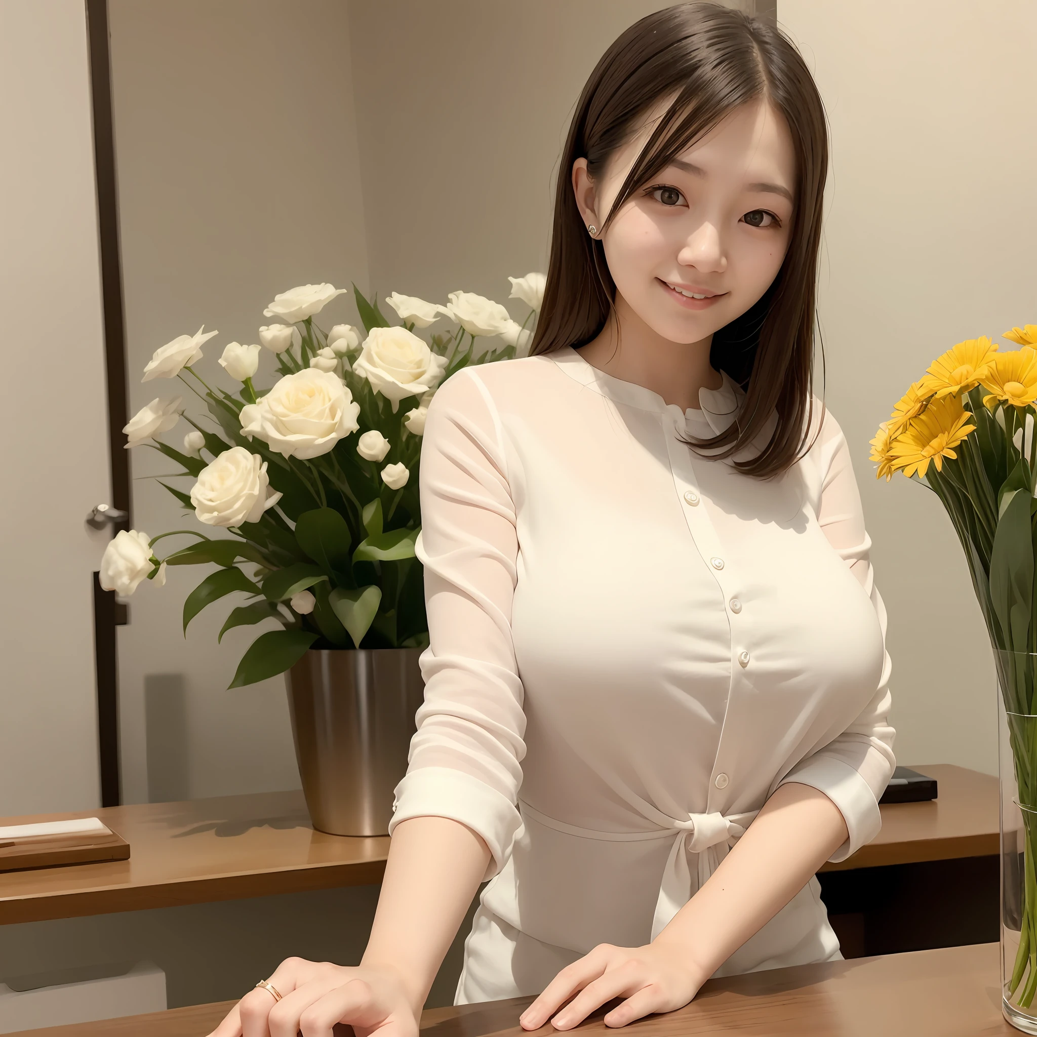 Japan woman, 24 years old, beautiful eyes, long lashes, neat, dainty, white blouse, florist clerk, smile, cute, stylish florist, big breasts, brown hair
