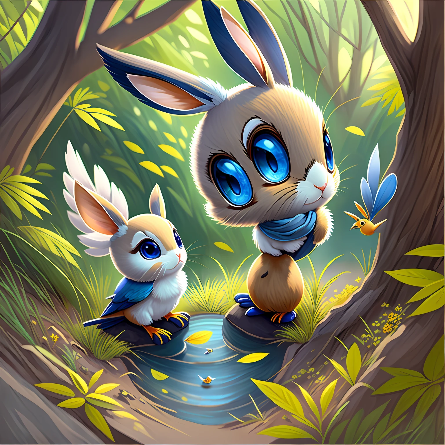 A cute white rabbit and a green parakeet sat on a tree branch and sang together --auto