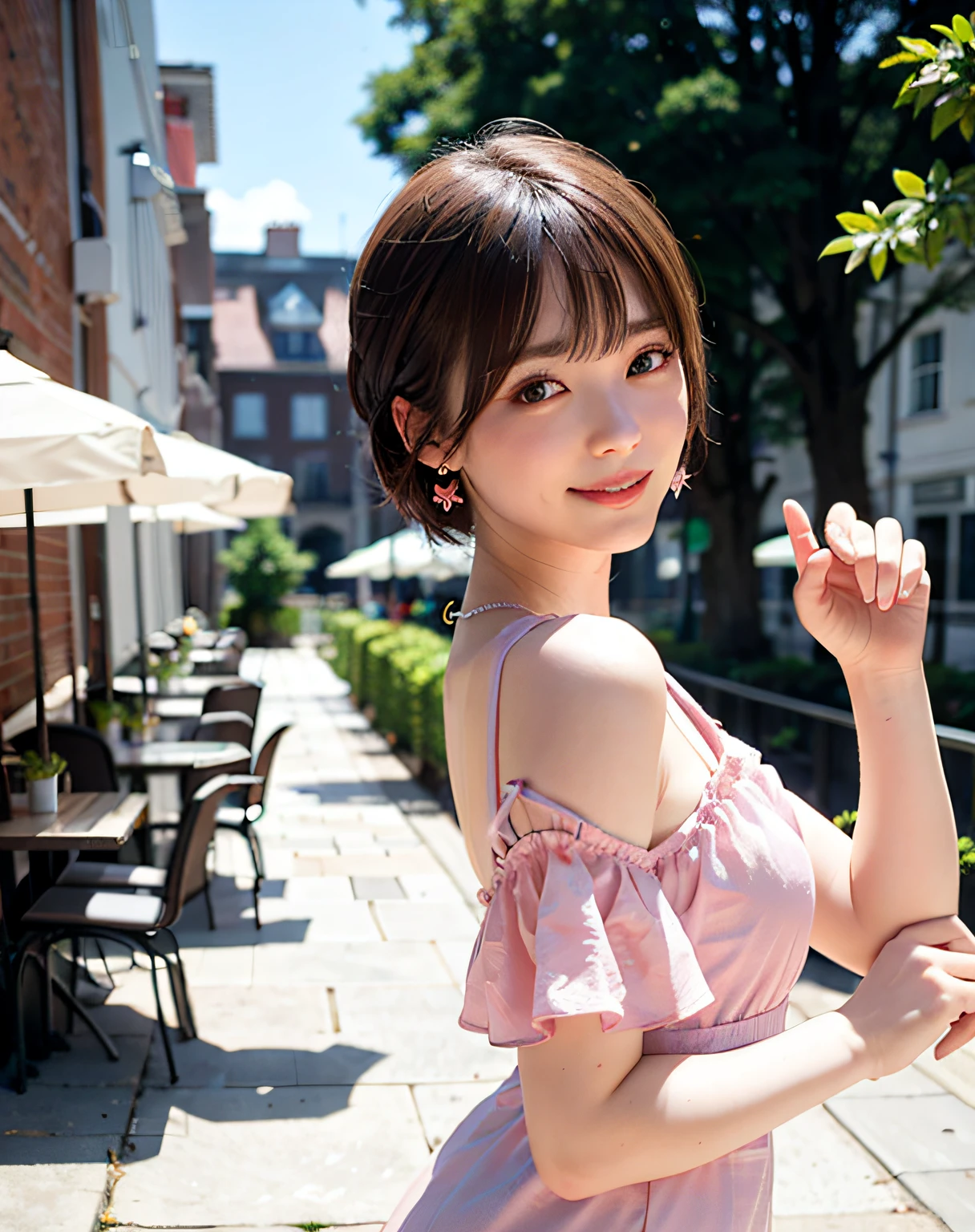 Woman posing in café wearing pink dress, top quality, girl 1 person, big breasts, sun, bright, blurred background, bokeh, outdoor, (street: 0.8), (people, crowd: 1), dress (cropped with lace): 1.5, sleeveless dress, pink color clothes, pink color high neck dress: 1.2, pink dress: 1.5), gorgeous (short hair, forehead: 1.2) ), sagging eyes, beautiful sky in detail, earrings, (dynamic pose: 1.2), (upper body: 0.8), soft lighting, wind, shiny skin, smile,