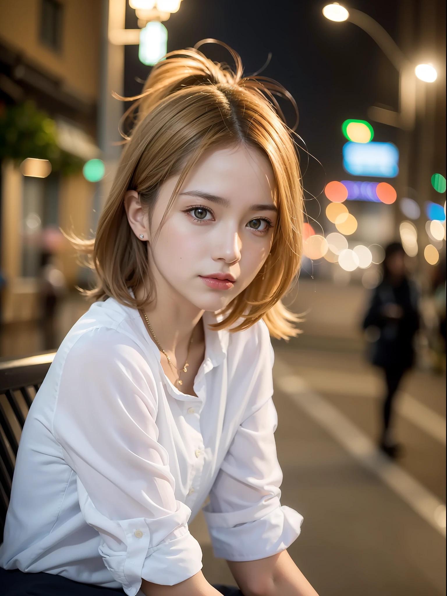 ((Best Quality, 8k, Masterpiece: 1.3, Raw Photo)), Sharp Focus: 1.2, (1 aespa Girl: 1.2), (Realistic, Photorealistic: 1.37), (Face Focus: 1.1), Cute Face, Tenderness, Small Breasts, Flat Breasts, Short Messy Hair, (White Casual Shirt: 1.1), Beautiful Woman Sitting Under Street Lamp Light, Movie Lighting