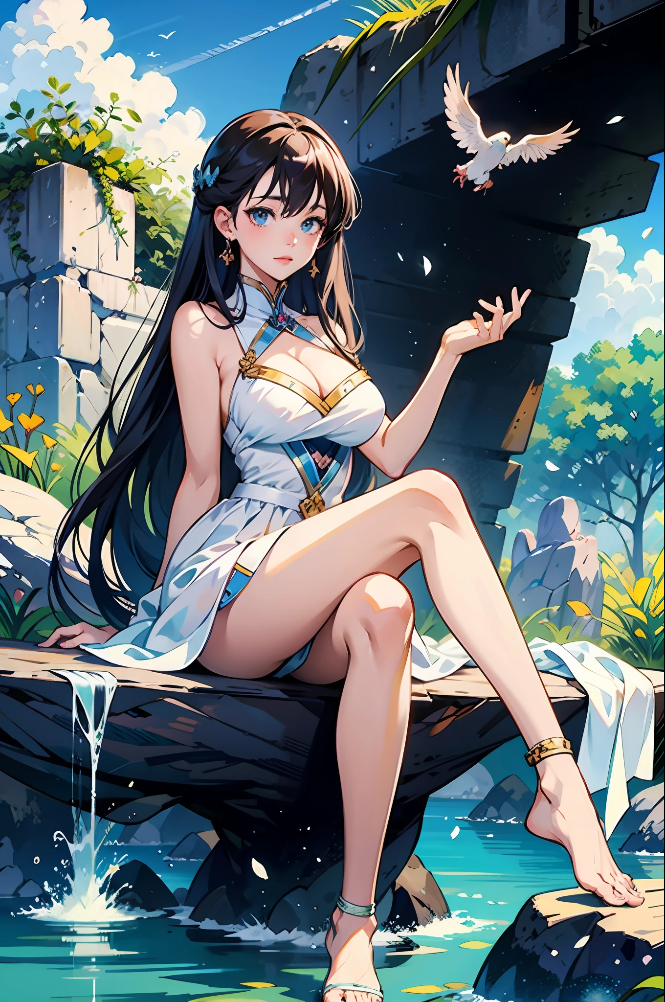 Anime girl sitting on rock in white dress with bird, guwiz, beautiful anime girl, guwiz in pixiv art station, guwiz style artwork, beautiful seductive anime woman, art station guwiz on pixiv, beautiful anime woman, anime goddess, cute anime waifu in beautiful clothes, seductive anime girl, from girl front, big breasts