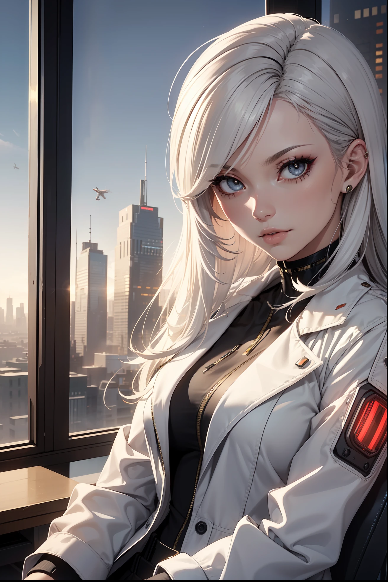 (masterpiece:1.3), (8k, photorealistic, RAW photo, best quality: 1.4), (1girl), beautiful face, (realistic face), Nice hairstyle,Realistic Eyes,Nice detail eyes,(Realistic Skin),Beautiful Skin,Ridiculous,attractive,Ultra high Resolution,an ultra realistic,RAWExtremely detailed,golden proportions, Woman wearing business outfit, white formal blazer, white blouse, white high waist business skirt, beautiful, masterpiece, best quality, perfect lighting, (white hair:1.4), long hair, (grey eyes:1.2), slender build, thin, medium breasts, business woman, ceo of small arms and aerospace centered mega corporation, sitting in luxurious black office chair, giant modern window with view of dusk cyberpunk city skyline in background, torso shot, dusk, (cyberpunk city background:1.3), (Hazy sky:1.2), (Dim red sun:1.3), eyelashes, dark eyeliner, cyberpunk, older, sleek modern-futuristic office, (white clothes:1.2), (aerospace:1.1)
