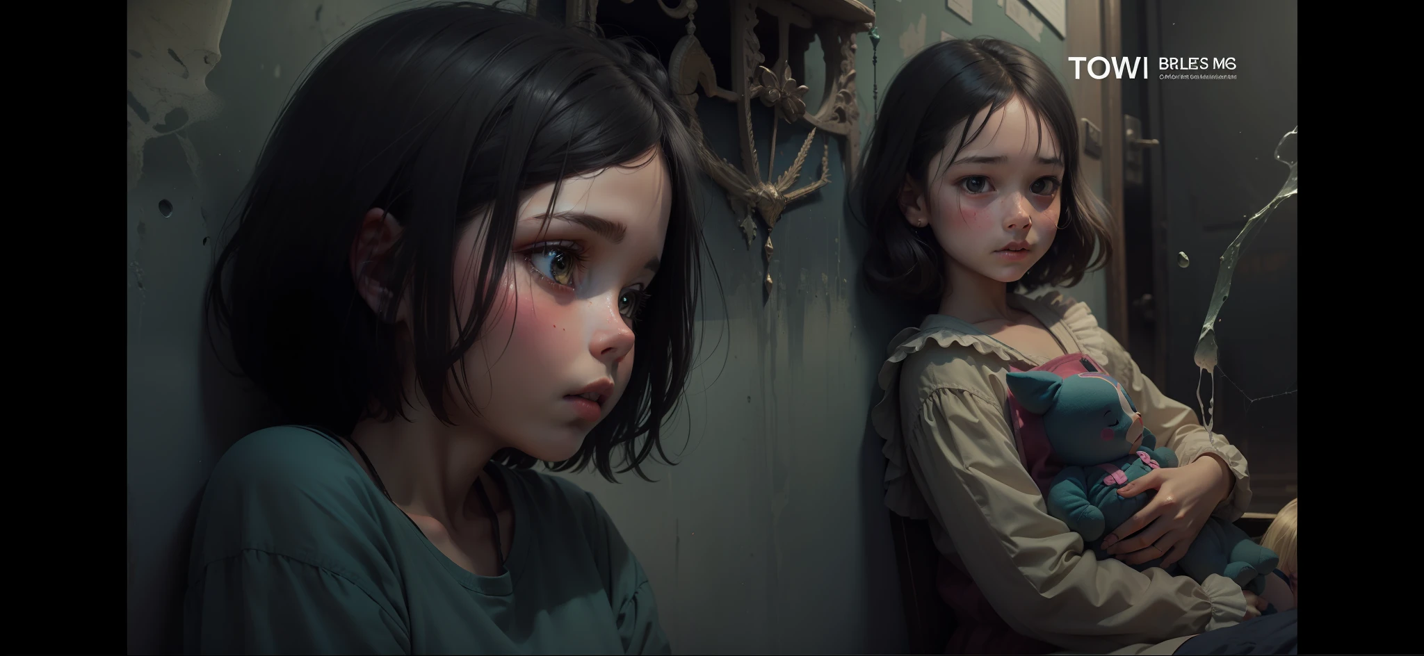 Two girls were sitting, one looking at the front, the other holding the doll and looking at her, and behind it were holes with cobwebs