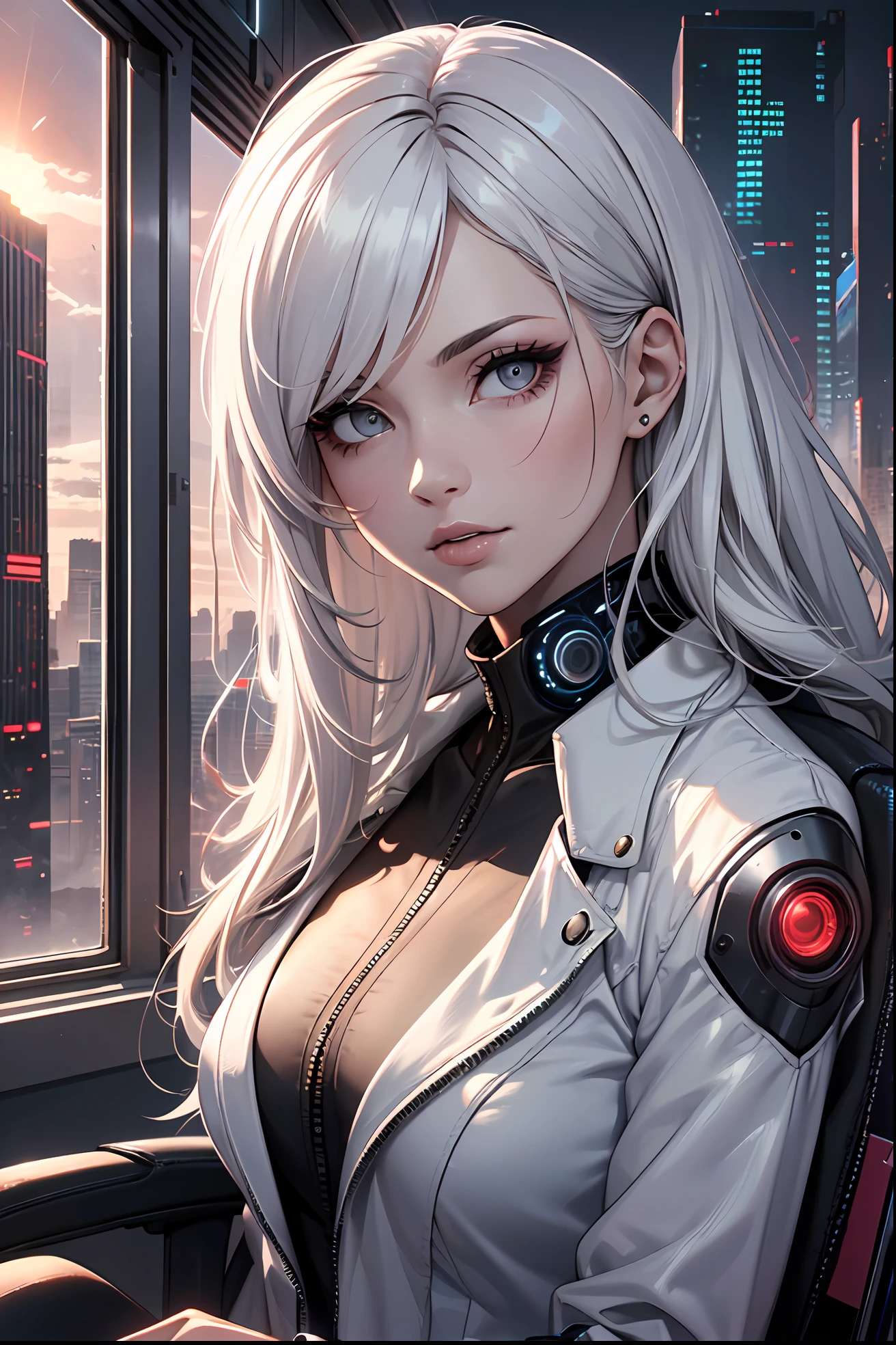 (masterpiece:1.3), (8k, photorealistic, RAW photo, best quality: 1.4), (1girl), beautiful face, (realistic face), Nice hairstyle，Realistic Eyes，Nice detail eyes，（Realistic Skin），Beautiful Skin，Ridiculous，attractive，Ultra high Resolution，an ultra realistic，RAWExtremely detailed，golden proportions, Woman wearing business outfit, white formal blazer, white blouse, white high waist business skirt, beautiful, masterpiece, best quality, perfect lighting, (white hair:1.4), long hair, (grey eyes:1.2), slender build, thin, medium breasts, business woman, ceo of small arms and aerospace centered mega corporation, sitting in luxurious black office chair, giant modern window with view of dusk cyberpunk city skyline in background, torso shot, dusk, (cyberpunk city background:1.3), (Hazy sky:1.2), (Dim red sun:1.3), eyelashes, dark eyeliner, cyberpunk, older, sleek modern-futuristic office, (white clothes:1.2), (aerospace:1.1)