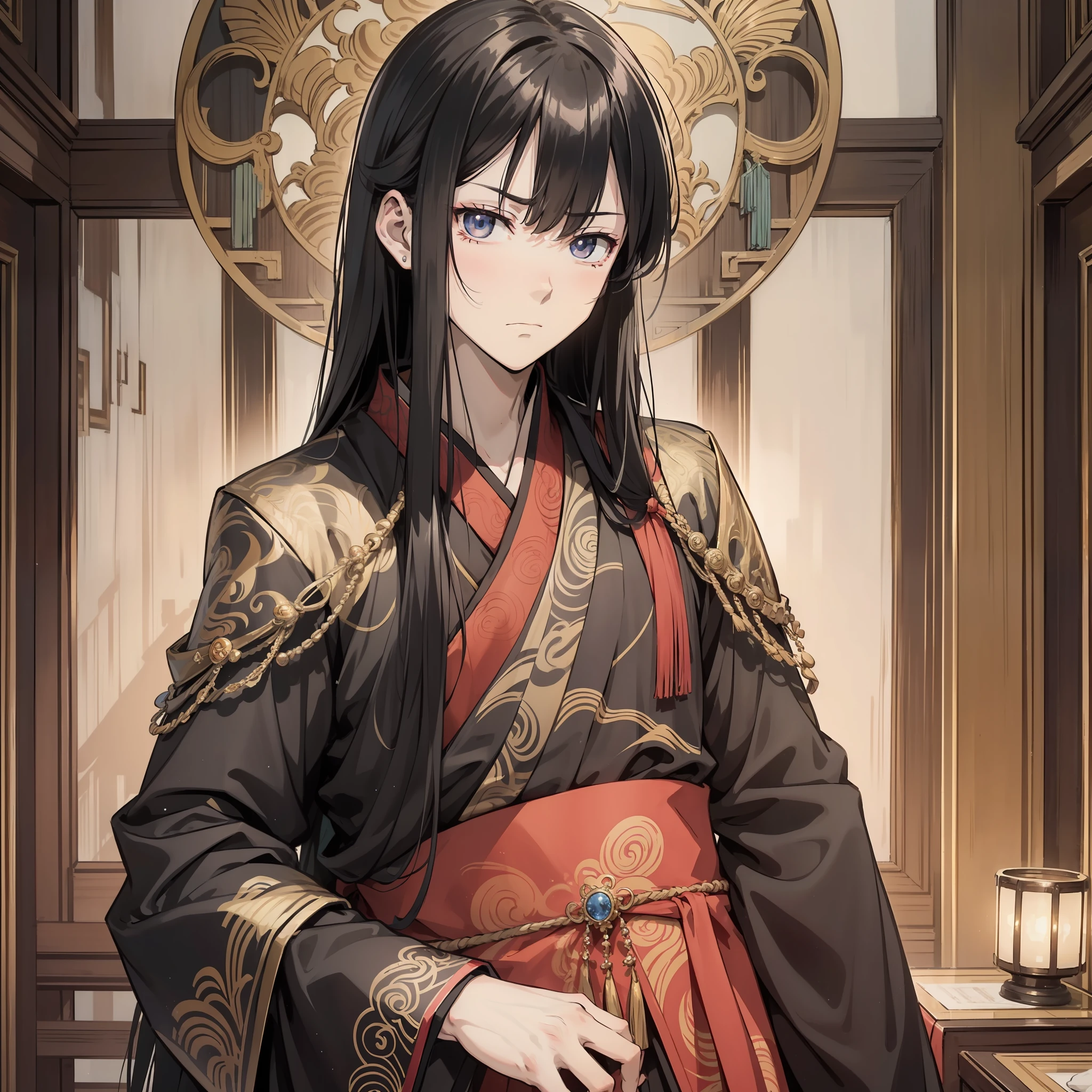 Ancient Chinese black long hair and 18 years old anime young man wearing red wedding banquet Hanfu, (frown expression 1.5) (sadness 1.2) (background is ancient Chinese room 1.5) anime style 4 K, anime rendering, anime style. 8k, handsome anime face, handsome costume boy (upper body display 1.5) (handsome boy 1.3) (movie level lighting 1.5)