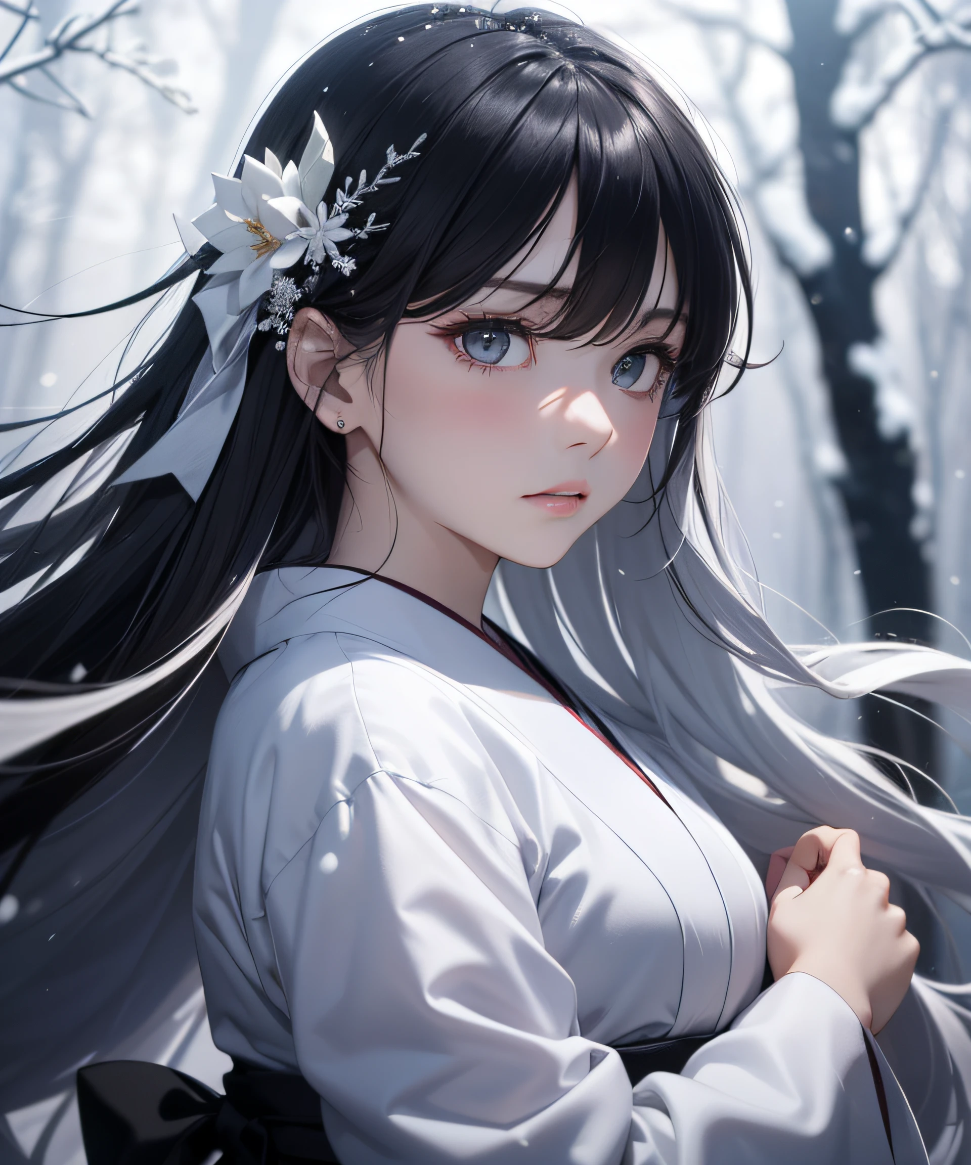 Top Quality, Realistic, Jet Black Background, High Resolution, Soft Focus, (Snowfall: 1.5), (Haze: 1.5), (In the Deep Forest), (Falling Snow), (Snowfield), (Field), ((Moonlight)), (Blowing Snow)))), (Snowstorm)))), Jet Black Night, (The ghost of a beautiful snow woman with jet-black long black hair in a white silver yukata), Anger, Fury, Melancholy, Shaking black hair, Glossy, Shining skin, Beautiful and beautiful, bewitching, chaotic, depth of field, (Ghost: 1.5), ((Lose yourself in anger and forget the cold)), ((Throw your arms forward)), (Arms forward like Kyonshi), (Monochrome: 1.5), (B&W: 1.5), (Platinum eyes glaring at you), (Clear white-silver skin)