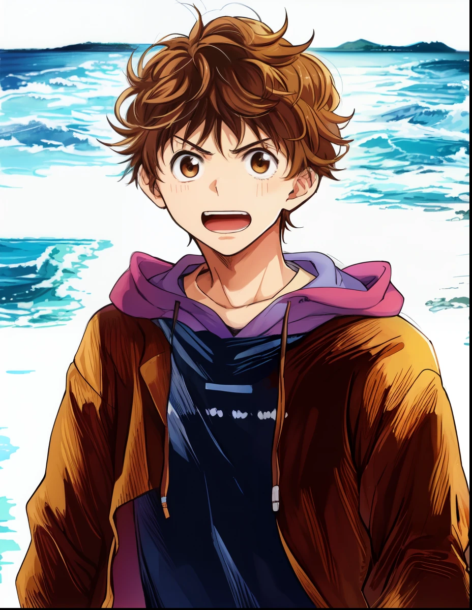 a boy with a hoodie on standing in front of the ocean, a anime of a man with a brown hair, open mouth, jacket, focus, color manga, manga color, color manga, color manga panel, simple background