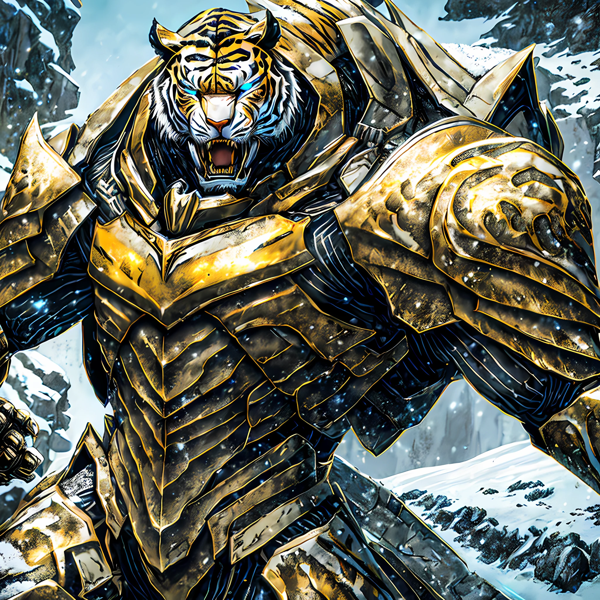 Masterpiece, best quality, epic tiger knight, a fierce tiger, pointed claws, black and white stripes, delicate gold armor, intricate design, white snow, barren grass, stones, movie lights, 4k,