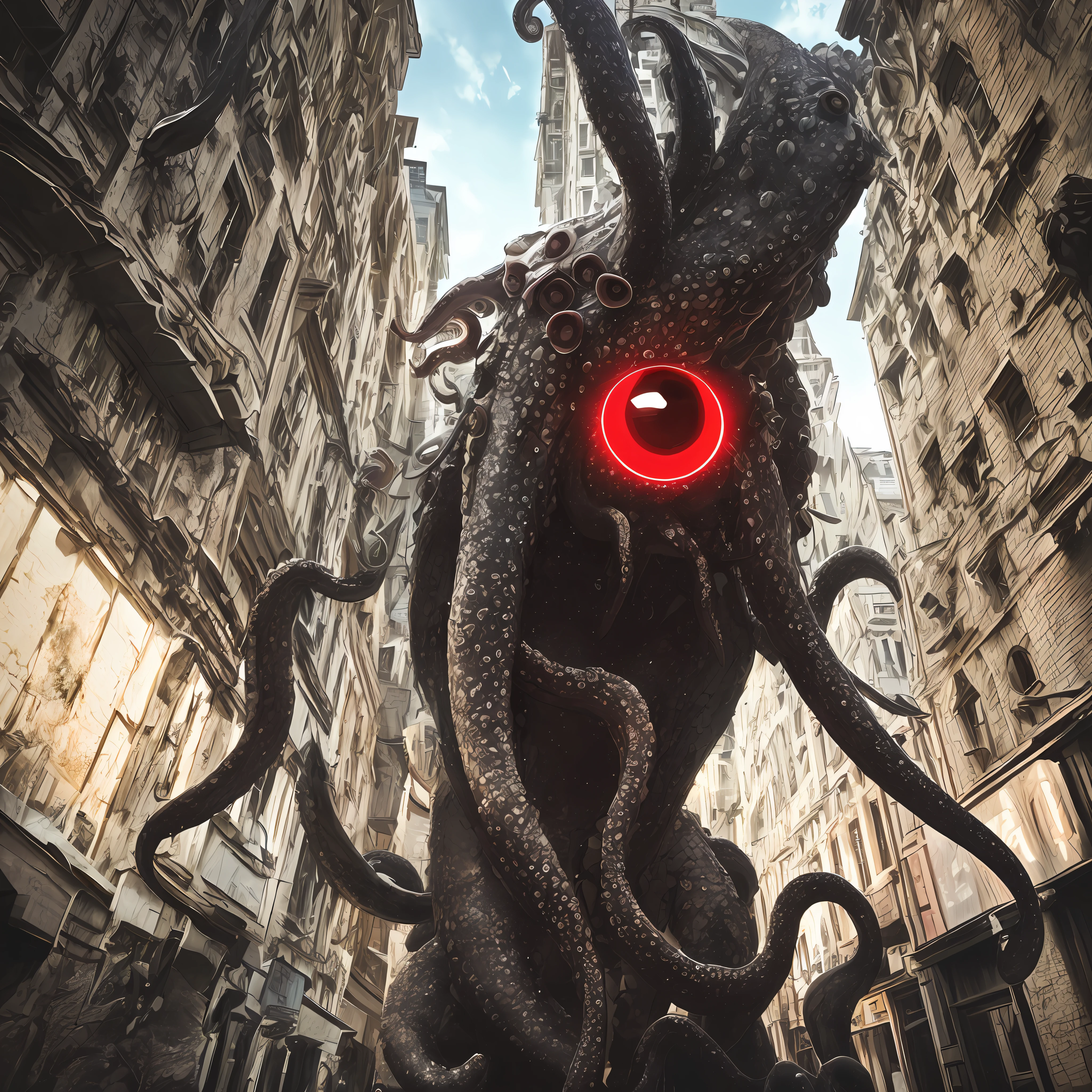 (OHWX) (An octopus-like monster with tentacles, wings, claws, many red glowing eyes and slimy body) girl looking up to a huge monster, building street, disturbing scene, close-up, photography, natural light, photorealism, cinematic rendering, ray tracing, highest quality, best detail, Cinematic, Third Person View, Blur Effect, Long Exposure, 8K, Ultra HD, Natural Lighting, Moody Lighting, Cinematic Lighting --auto