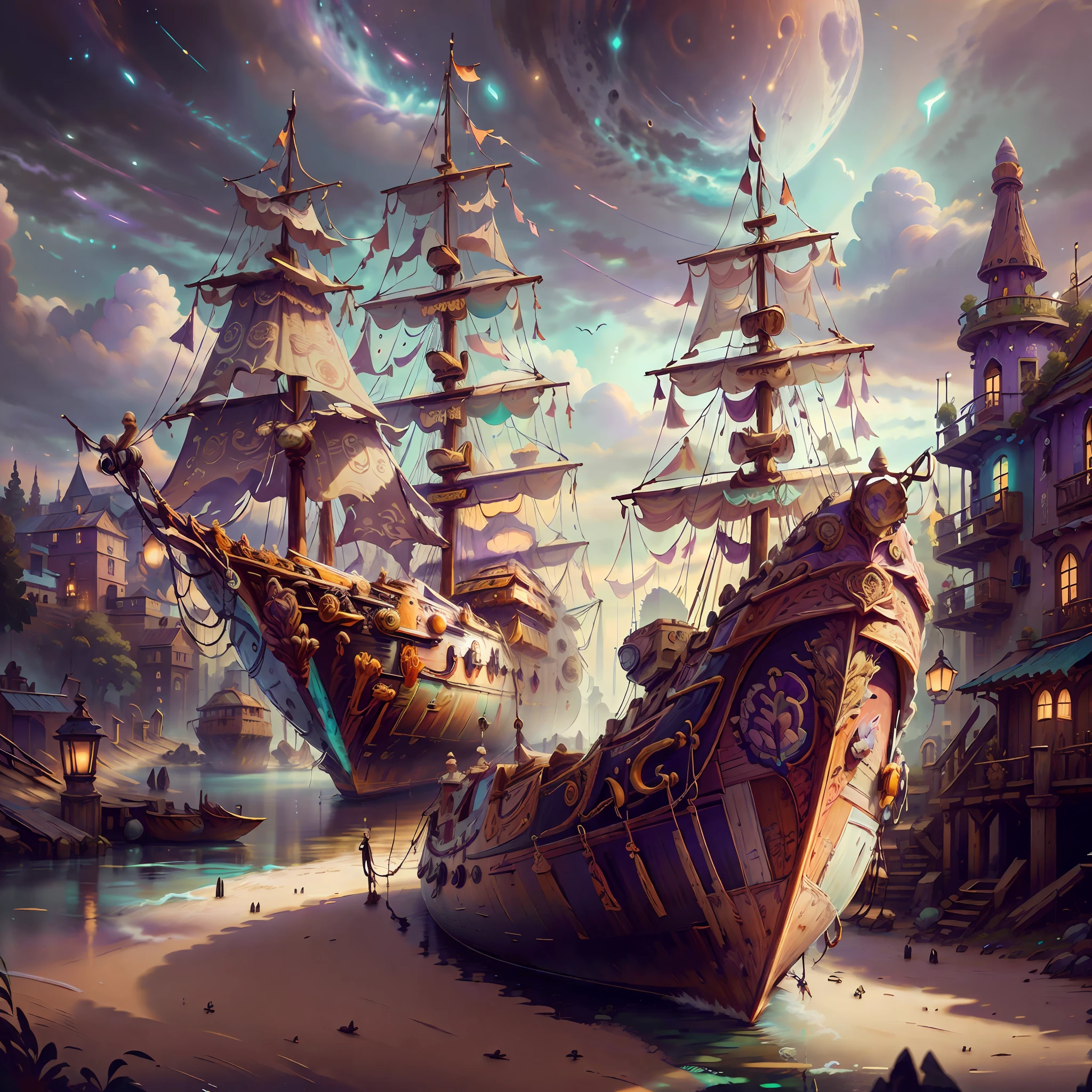 Computer visualized graphics, realistic fantasy, Extensive landscape ultra photography (general view, which shows a huge wooden sailing ship, with decks + 4, stern, hold, + sails + 4, + bow, + forecast, + stern, + cabins + decks), rocks, mountains, many ships, ocean, morning, dawn, full moon, night sky, blurred background, warm, yellow, purple background, pink, warm, magic, "Hyper-realistic textures," "Precise details," "Realistic still life, " "Realistic portraits," "Realistic landscapes.", "Majestic mountains,", "Hyper-realistic textures," Banksy, Liu Bolin, Ansel Adams, Yoshitaka Amano realistic fantasy, Extensive landscape ultra photography, blurred background, cool, hue turquoise, a bit purple, airy color, magic, "Hyper-realistic textures," "Precise details," "Realistic still life," "Realistic portraits," "Realistic landscapes."" Lit cityscapes,” “Starry skies,” “Moonlit landscapes,” “Night time portraits,” “Long exposures.”