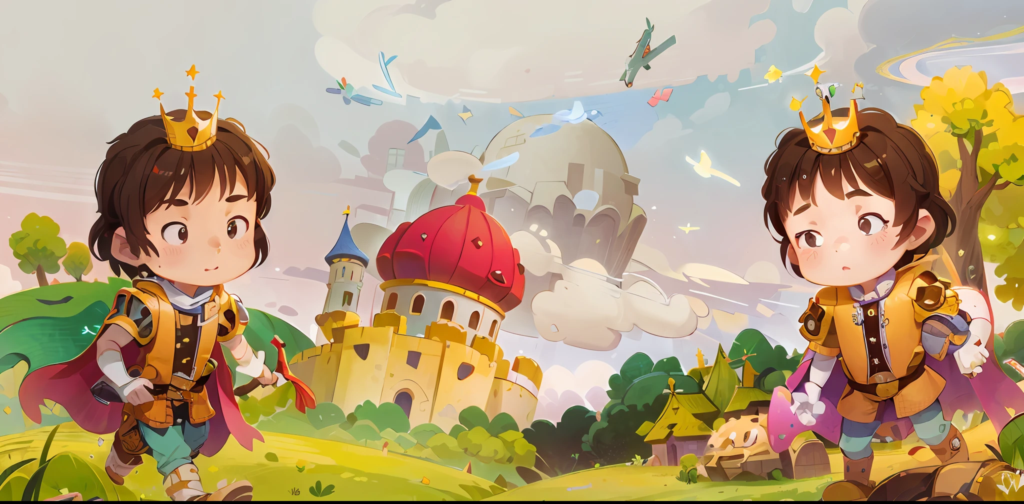 cartoon illustration of two children dressed in costumes and holding swords, fairy tale style background, background artwork, promotional art, background art, castle background, fairy-tale illustration style, childrens art in artstation, magical castle school on a hill, mobile game art, official illustration, official art, flying cloud castle, magical fantasy 2 d concept art, colorful kids book illustration