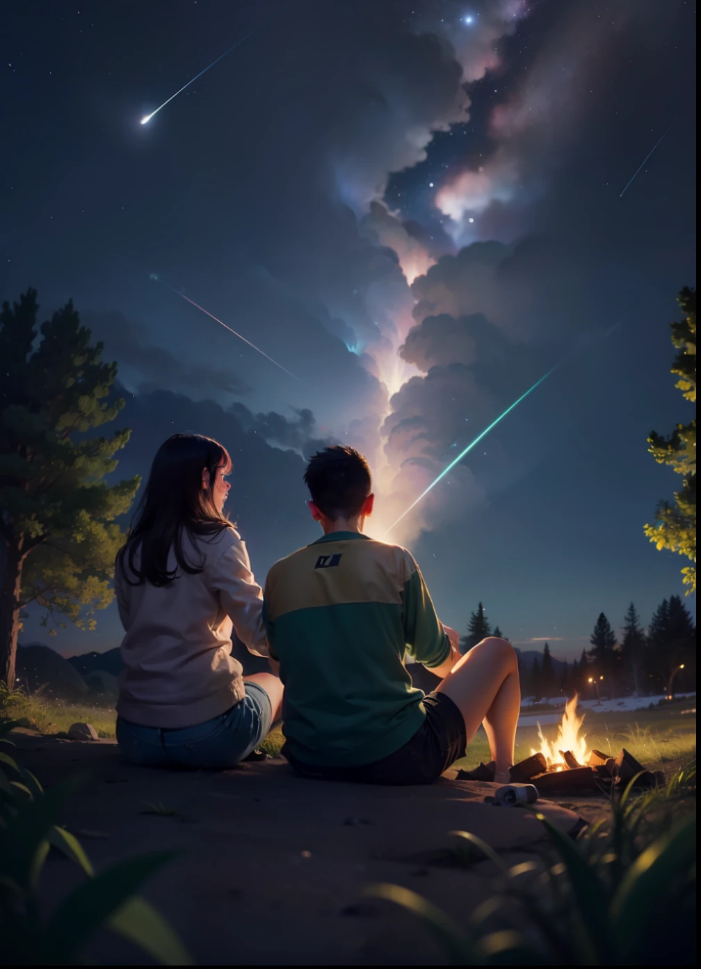 observing ( Orionids meteor shower),
Orionids meteor shower, beautiful,
, camping, campfire, looking at the Orionids meteor shower,
from behind, from below,
outdoor,(((a boy and a beautiful girl in their twenties))), in love, romance