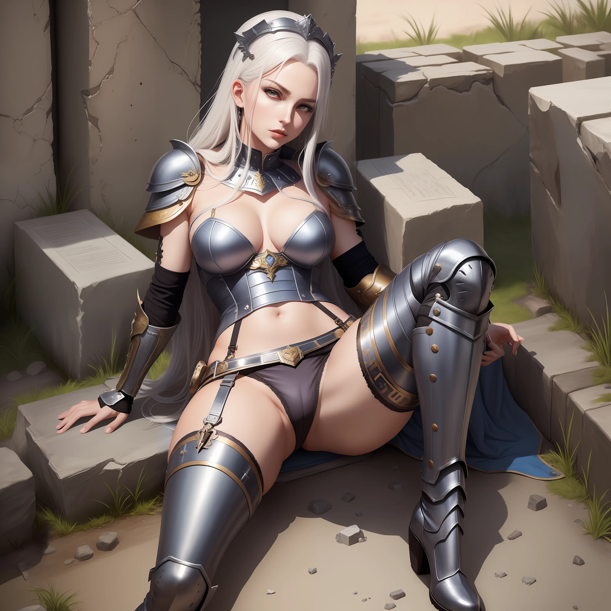 Full body of a woman in metal armor, long white hair, beautiful and seductive anime woman, a beautiful fantasy queen, inspired by Du Jong, seductive portrait of Tifa Lockhart, (((Beautiful Fantasy Queen)), seductive anime girl, beautiful anime woman, charming Tifa lock heart, white metal bra of lady, Tifa, (lingerie: 1.2), photo realistic, upon_body, tyndall effect, realistic, dark studio, edge lighting, duotone lighting, (High Detail Skin: 1.2), 8k Ultra HD, DSLR, Soft Lighting, High Quality, Volume Lighting, Frank, Photos, High Resolution, 4K, 8K, Bokeh, Breasts Out, (Purple Eye Color), (Clear Armor: 1.5), Crotch Out, Labia Out, Pubic Hair Out, White Metal High Heeled Over the Knee Boots, White Metal Shoulder Armor, Full Body Drawing